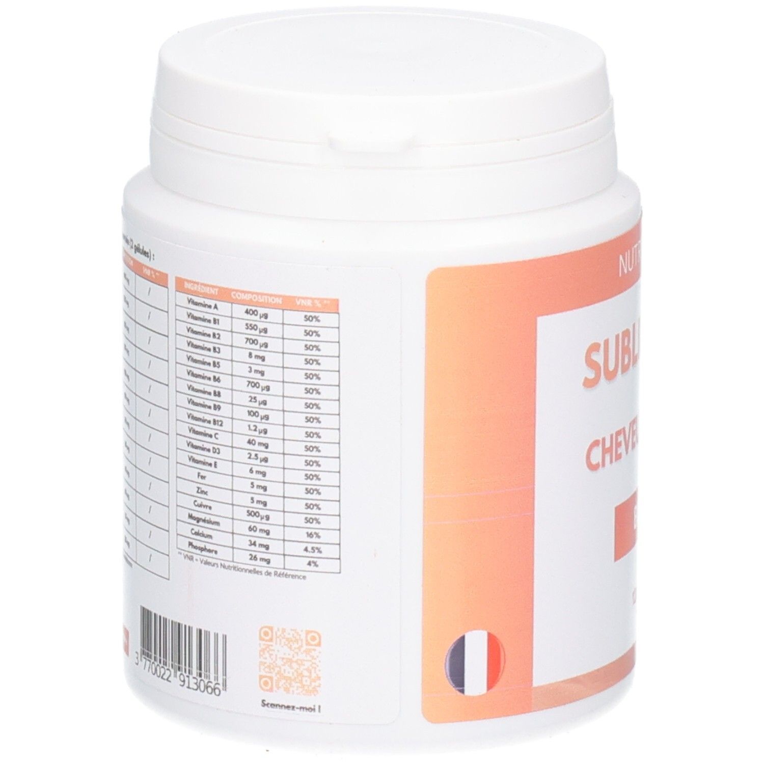 Weiße Dose, Rückseite mit Nährwertangaben. Enthält Vitamine und Mineralien. Französische Flagge und QR-Code.