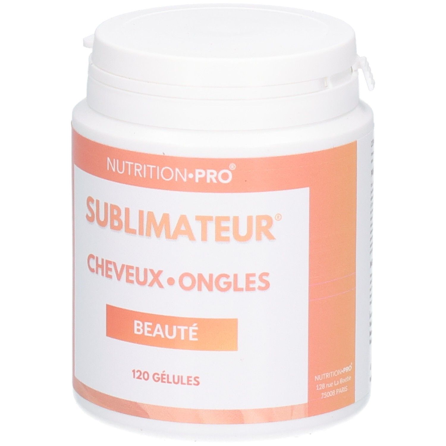 Weiße Dose mit orangefarbenem Etikett. Aufschrift: SUBIMATEUR, CHEVEUX•ONGLES, BEAUTÉ, 120 GÉLULES.