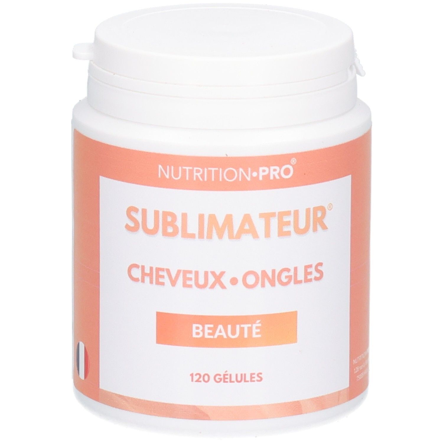Weiße Dose mit orangefarbenem Etikett. Aufschrift: SUBIMATEUR, CHEVEUX•ONGLES, BEAUTÉ, 120 GÉLULES.