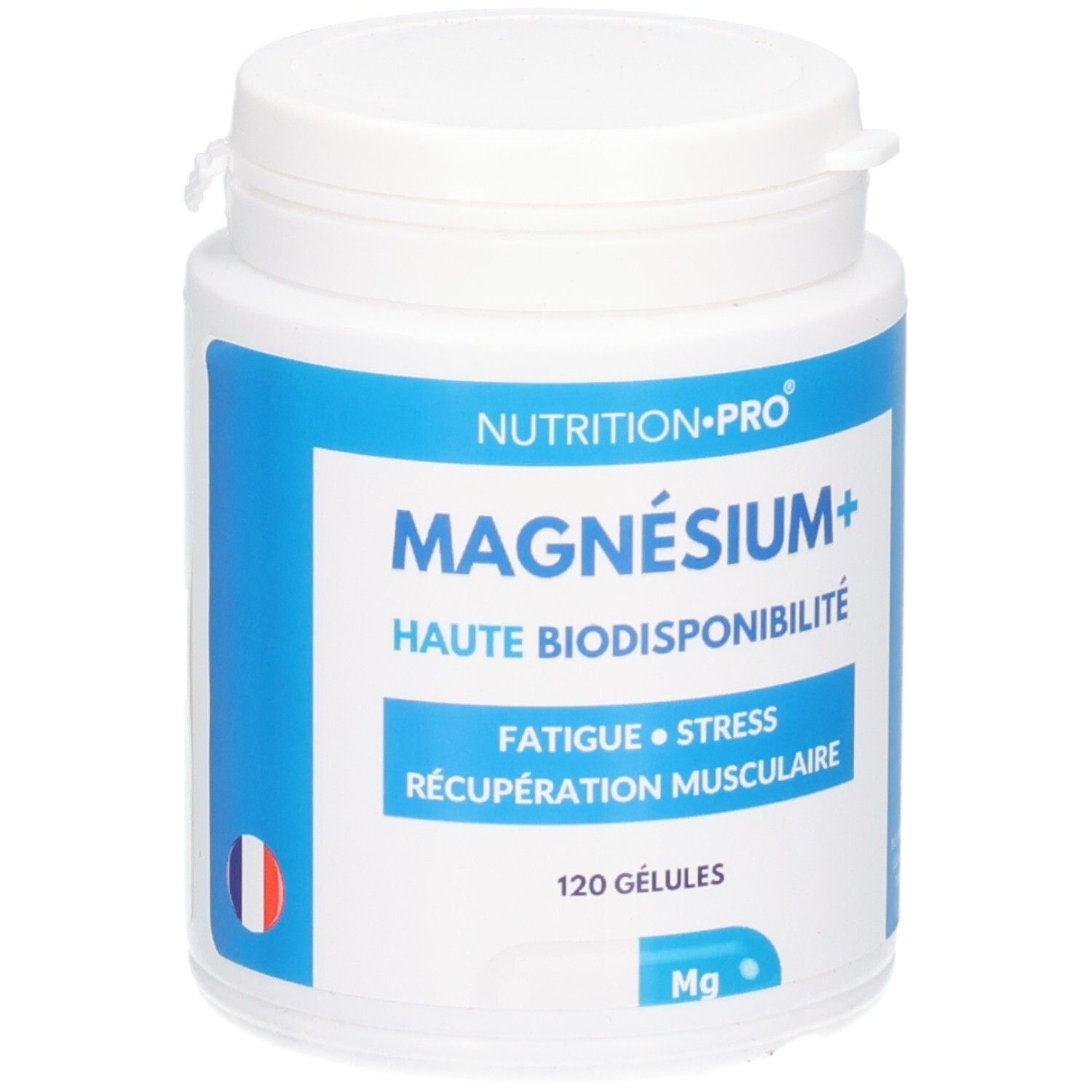 Weiße Dose mit blauem Etikett. Text: MAGNÉSIUM+, Haute biodisponibilité. 120 Gélules. Französische Flagge.