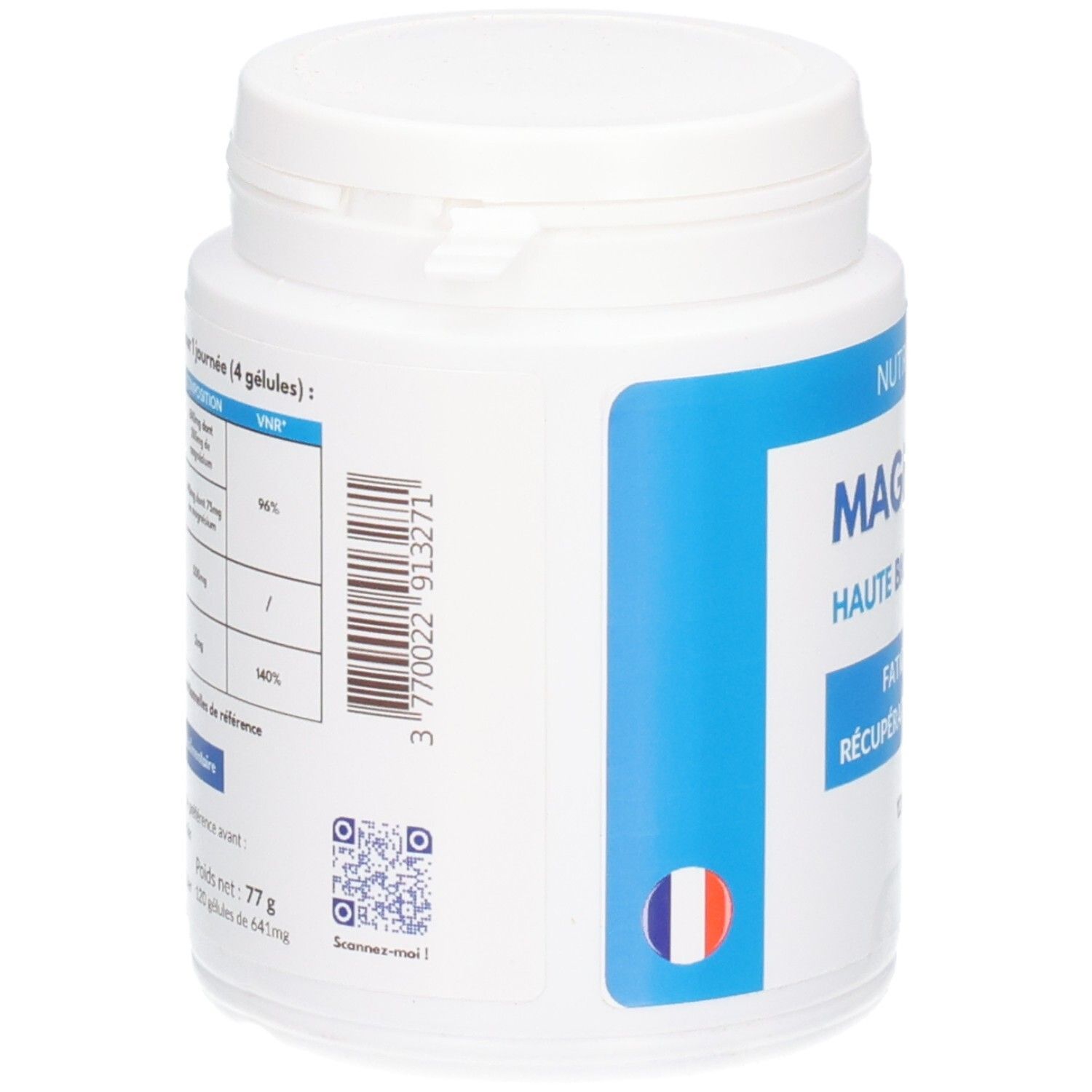 Weiße Dose, Seitenansicht. Barcode, QR-Code, franz. Flagge. Text: 120 gélules, 77 g.