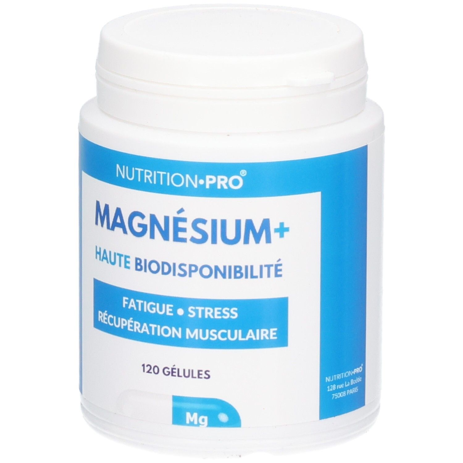 Weiße Dose mit blauem Etikett. Text: MAGNÉSIUM+, Haute biodisponibilité. 120 Gélules. Französische Flagge.