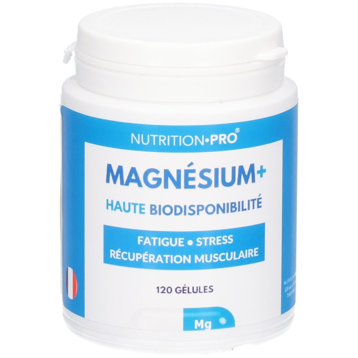 Weiße Dose mit blauem Etikett. Text: MAGNÉSIUM+, Haute biodisponibilité. 120 Gélules. Französische Flagge.