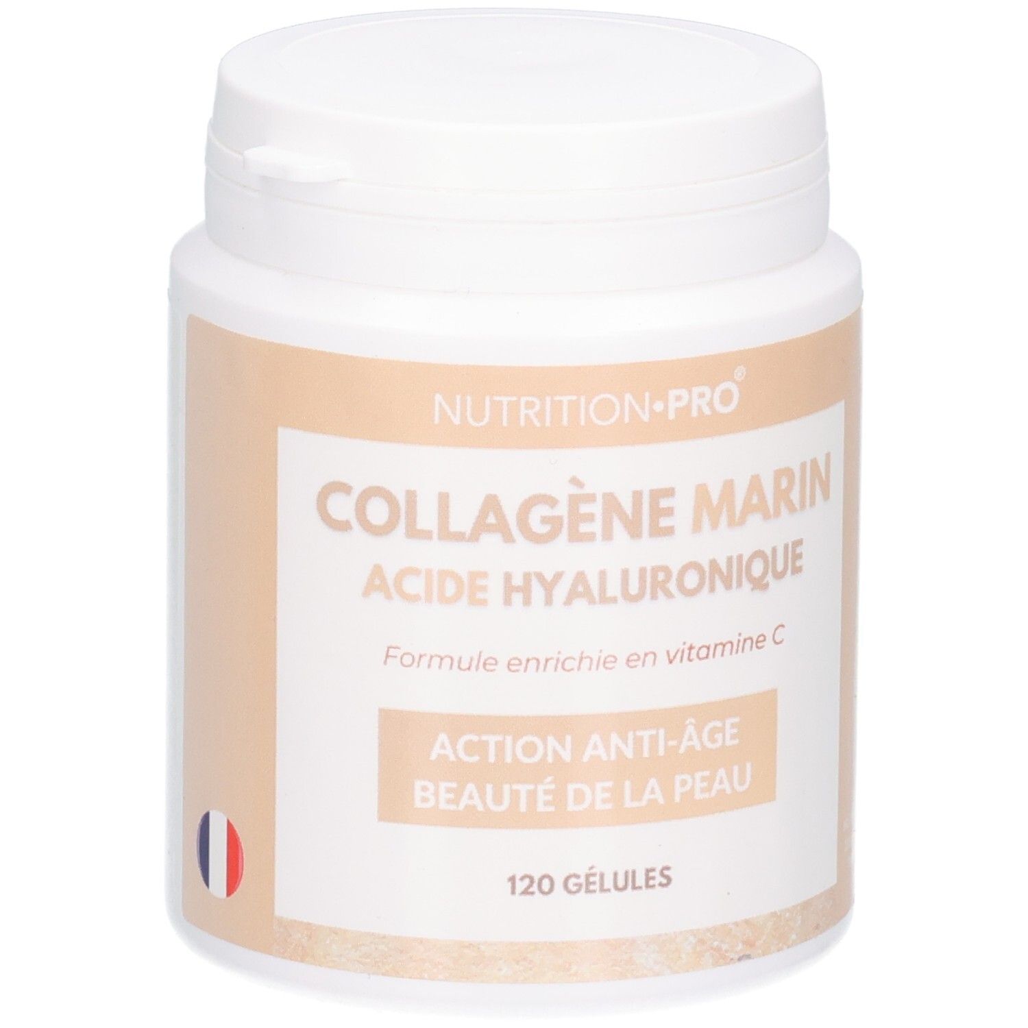 Weiße Dose mit Etikett: Kollagen, Hyaluronsäure, Vitamin C. 120 Kapseln.