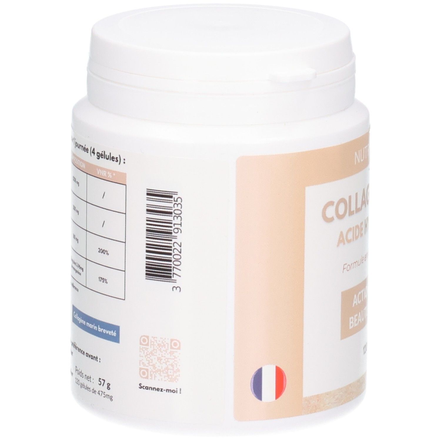 Rückseite einer Dose mit Nährwertangaben, Barcode und QR-Code. 57g.