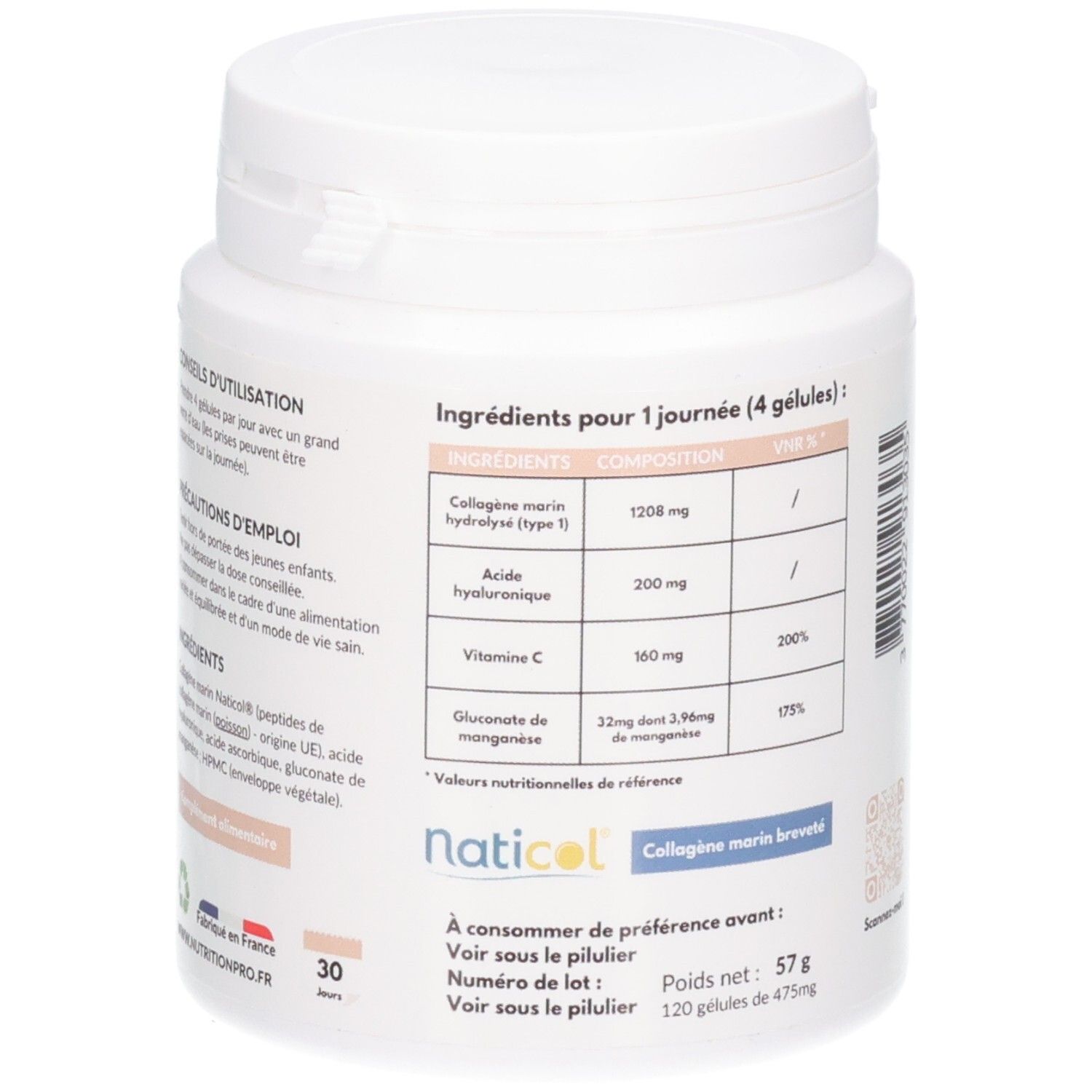 Detaillierte Inhaltsstoffliste auf der Rückseite einer Dose. Kollagen, Hyaluronsäure, Vitamin C.
