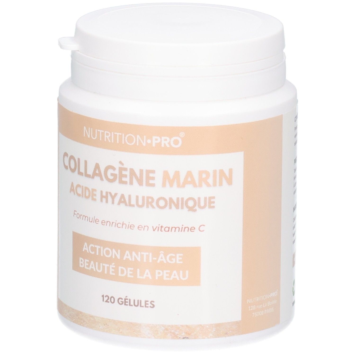 Weiße Dose mit Etikett: Kollagen, Hyaluronsäure, Vitamin C. 120 Kapseln.