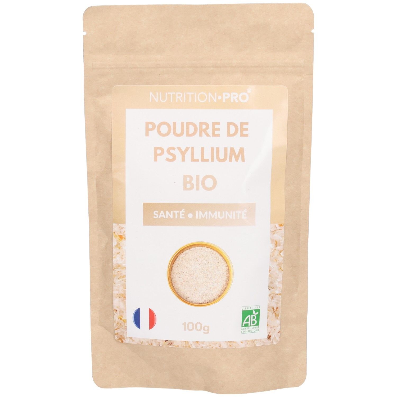 Sachet de Psyllium Blond Bio. Étiquette avec nom du produit, logo et drapeau français. Label bio et informations nutritionnelles.