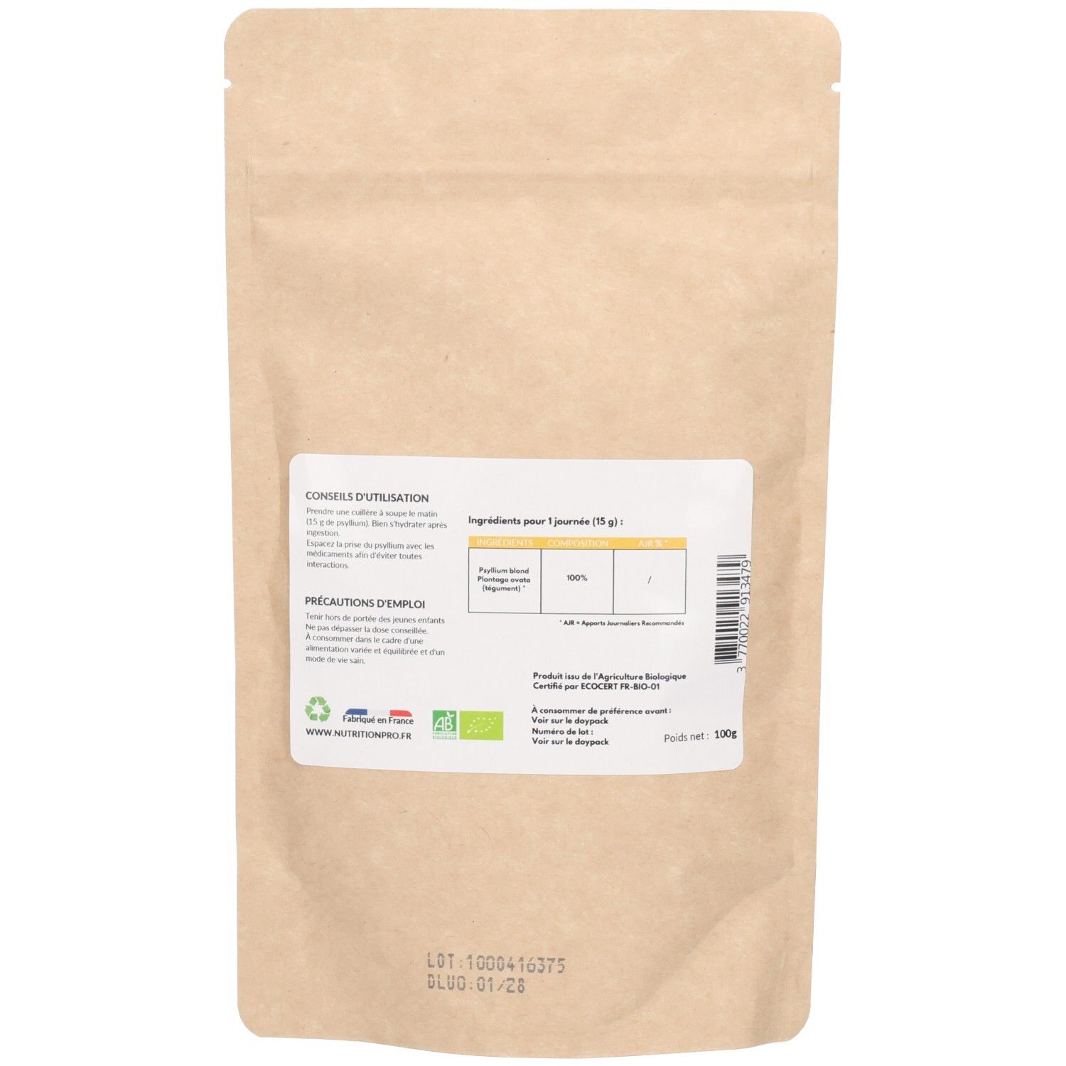 Dos du sachet de Psyllium Blond Bio. Étiquette avec conseils d'utilisation, liste des ingrédients et label bio.