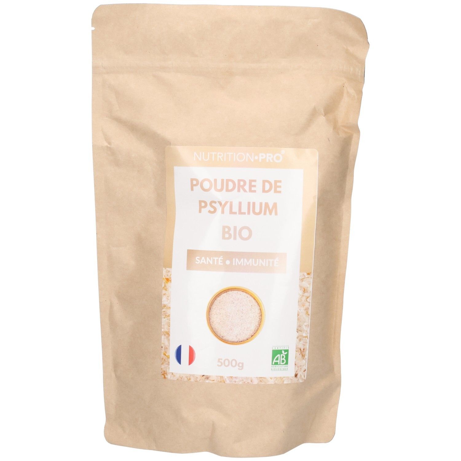 Beutel mit Psyllium Blond Bio Pulver. Etikett mit Produktname, Logo, französischer Flagge und Bio-Siegel. Inhalt: 500g.