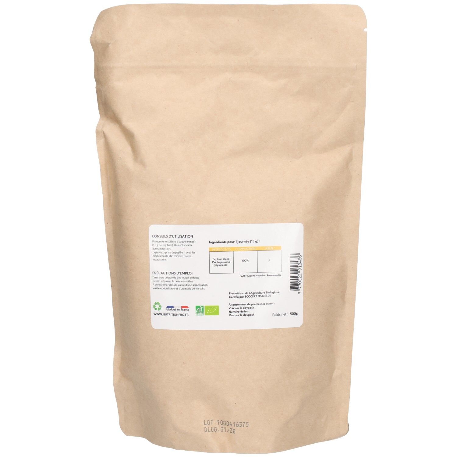 Rückseite des Beutels mit Psyllium Blond Bio Pulver. Text mit Gebrauchsanweisung und Zutatenliste. Bio-Siegel und französisches Logo.