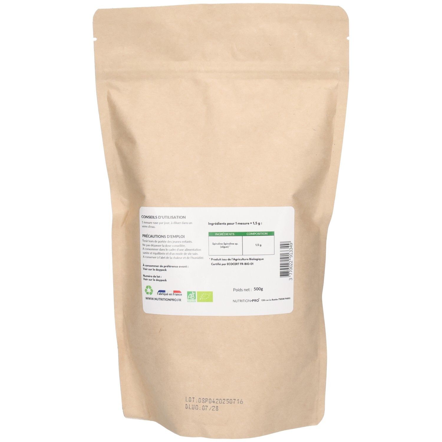 Dos du sachet. Étiquette avec texte et code-barres. Texte: Précautions, ingrédients, 500g. Label bio.