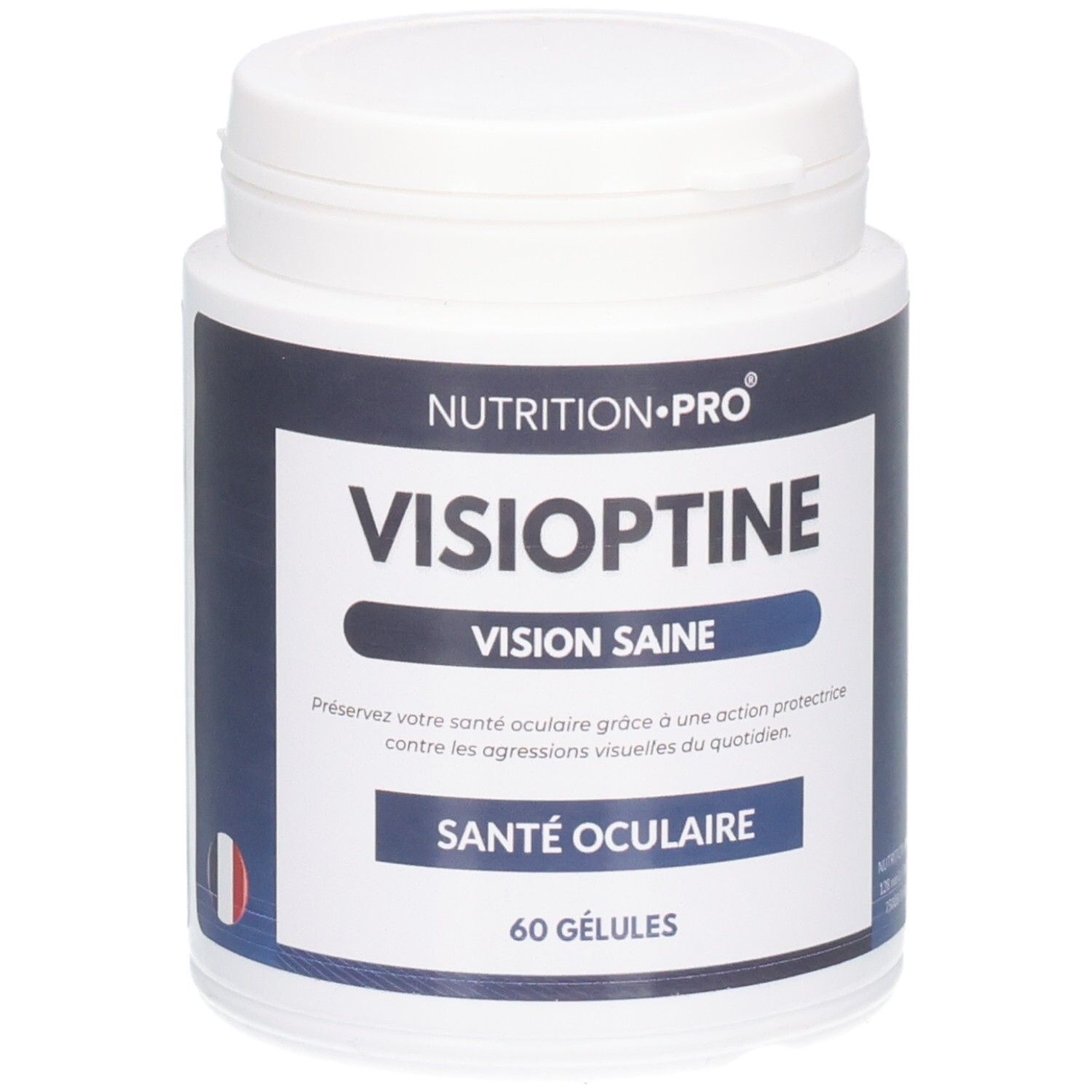 Weiße Dose mit VISIOPTINE-Etikett. Text: VISION SAINE, SANTÉ OCULAIRE, 60 GÉLULES. Marke: NUTRITION-PRO.