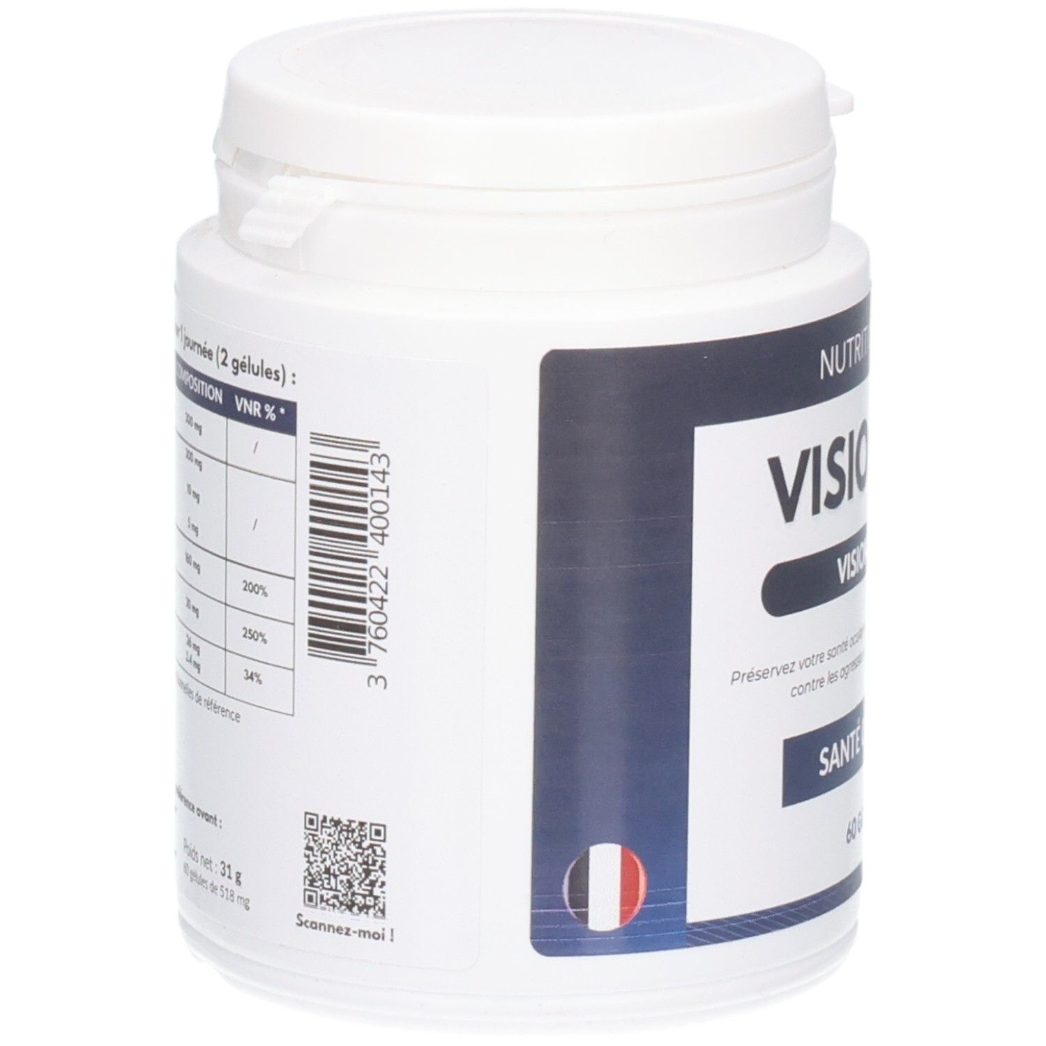 Weiße Dose, Seitenansicht. Text: VISIOPTINE, Zutatenliste, QR-Code. Französische Flagge. 60 Gélules.