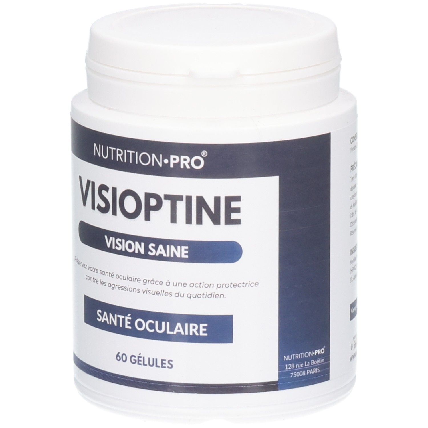 Weiße Dose mit VISIOPTINE-Etikett. Text: VISION SAINE, SANTÉ OCULAIRE, 60 GÉLULES. Marke: NUTRITION-PRO.
