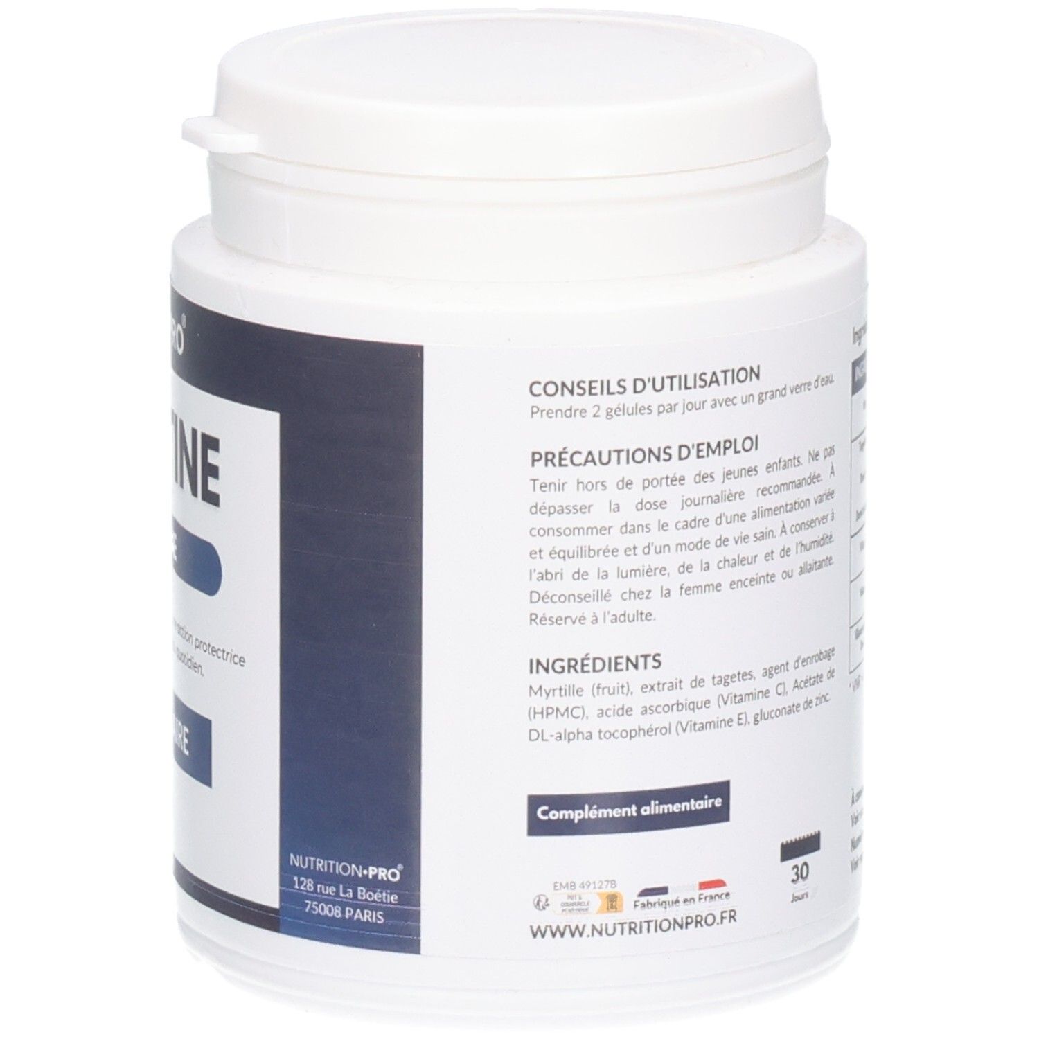 Weiße Dose, Rückseite. Text: VISIOPTINE, Gebrauchsanweisung, Zutaten. Marke: NUTRITION-PRO. 30 Kapseln.