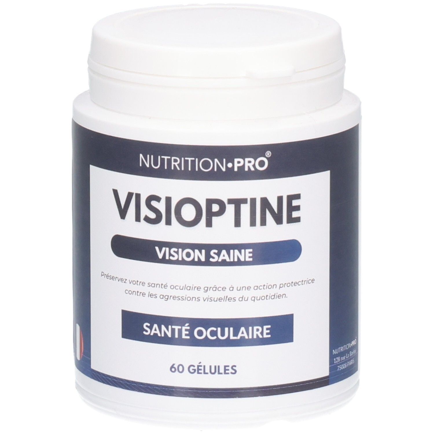 Weiße Dose mit VISIOPTINE-Etikett. Text: VISION SAINE, SANTÉ OCULAIRE, 60 GÉLULES. Marke: NUTRITION-PRO.