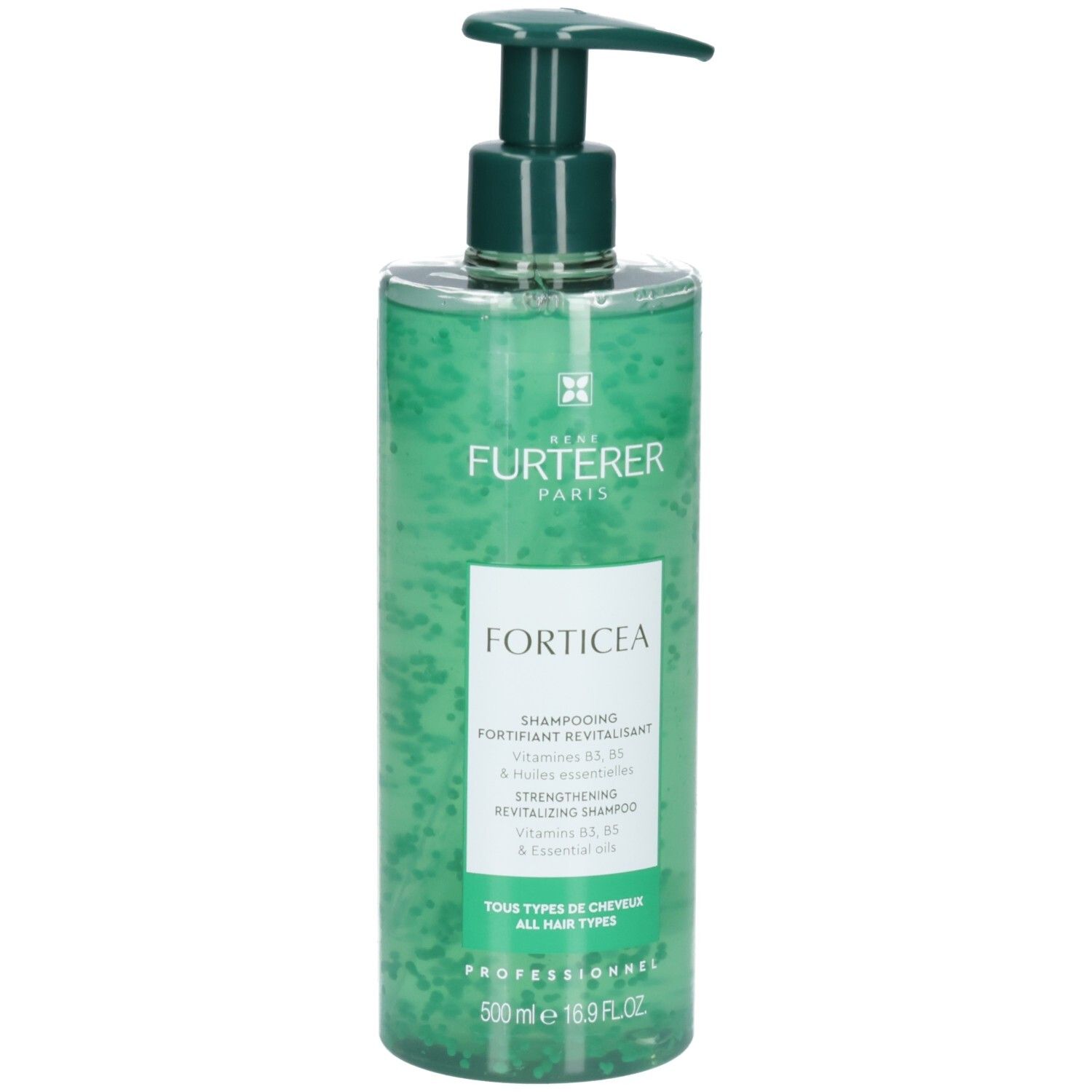 Rene Furterer Forticea Shampoo in grüner Flasche mit Pumpspender. 500 ml.