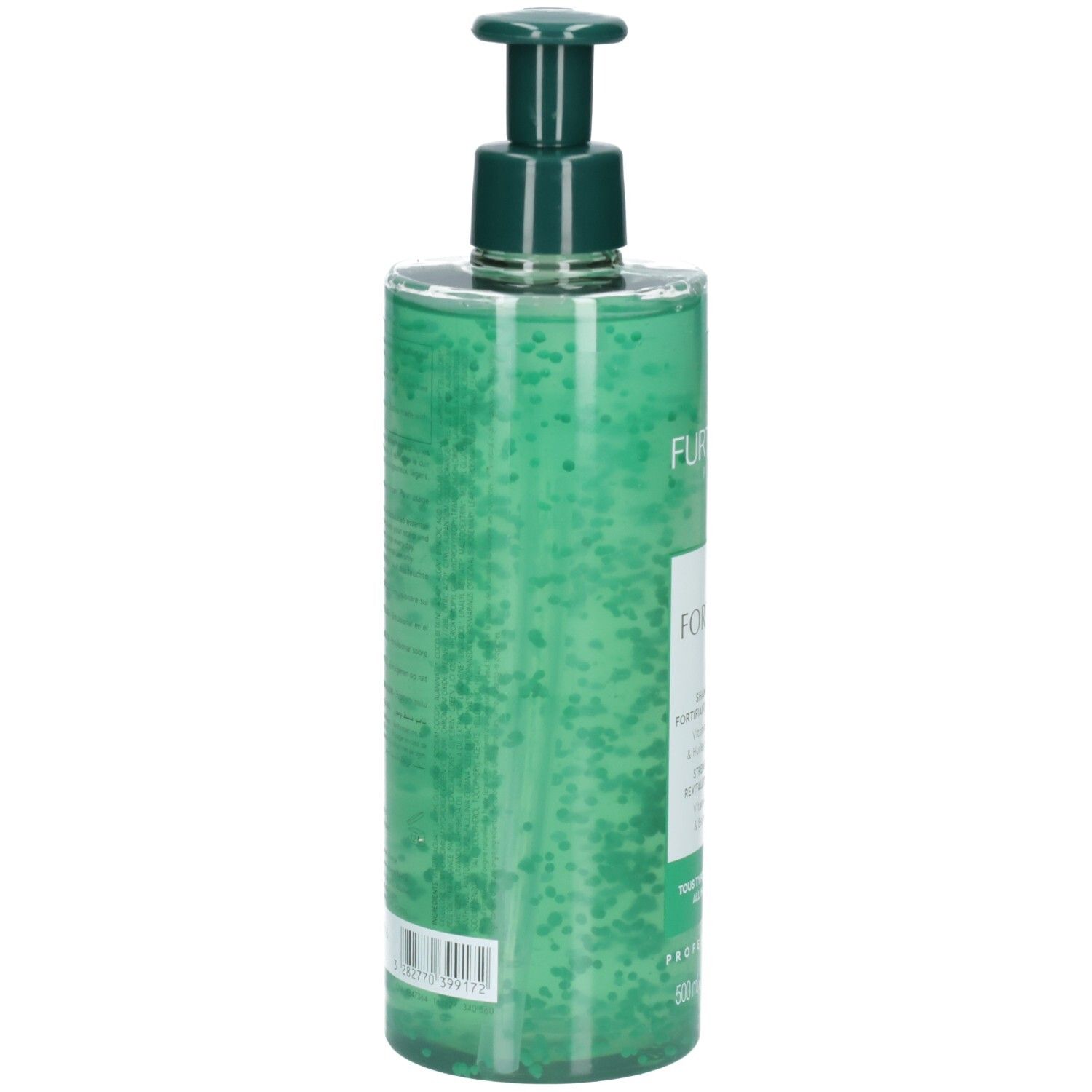 Grüne Flasche mit Pumpspender, gefüllt mit durchsichtigem Gel mit grünen Kügelchen.