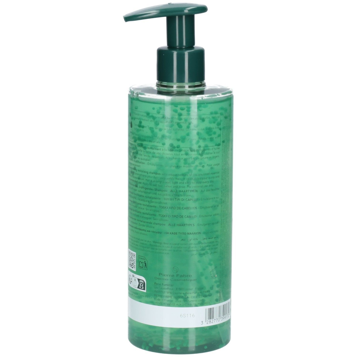 Grüne Flasche mit Pumpspender, gefüllt mit transparentem Gel mit kleinen grünen Kügelchen.