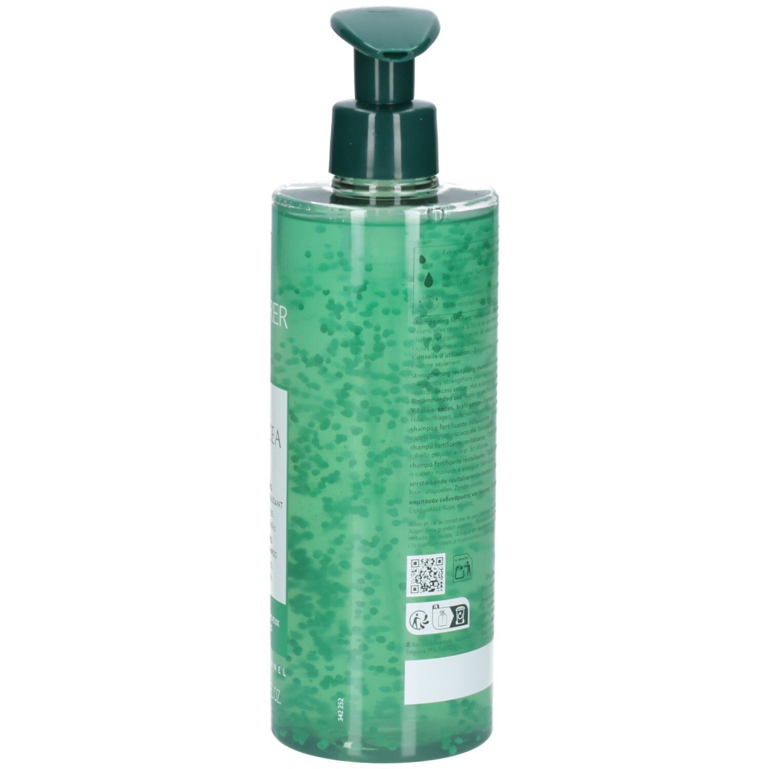 Grüne Pumpflasche mit durchsichtigem Gel und kleinen grünen Kügelchen.