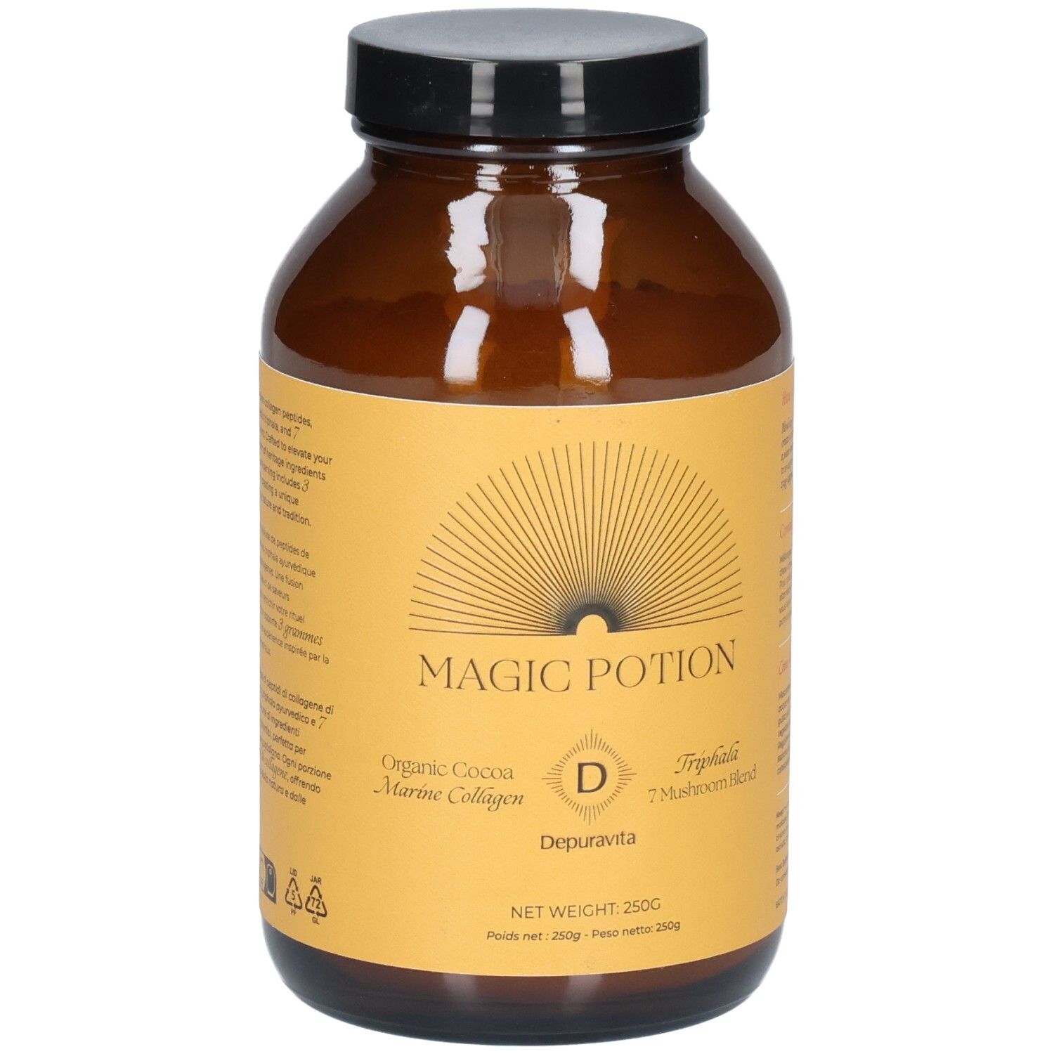 Flacon brun avec étiquette jaune. Inscription : Magic Potion, Depuravita. Contient du collagène marin et un mélange de champignons. Texte au dos.