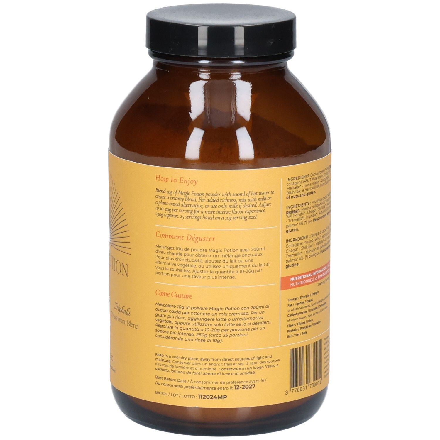 Dos de la bouteille brune avec étiquette jaune. Texte en plusieurs langues. Contient instructions et avertissements.