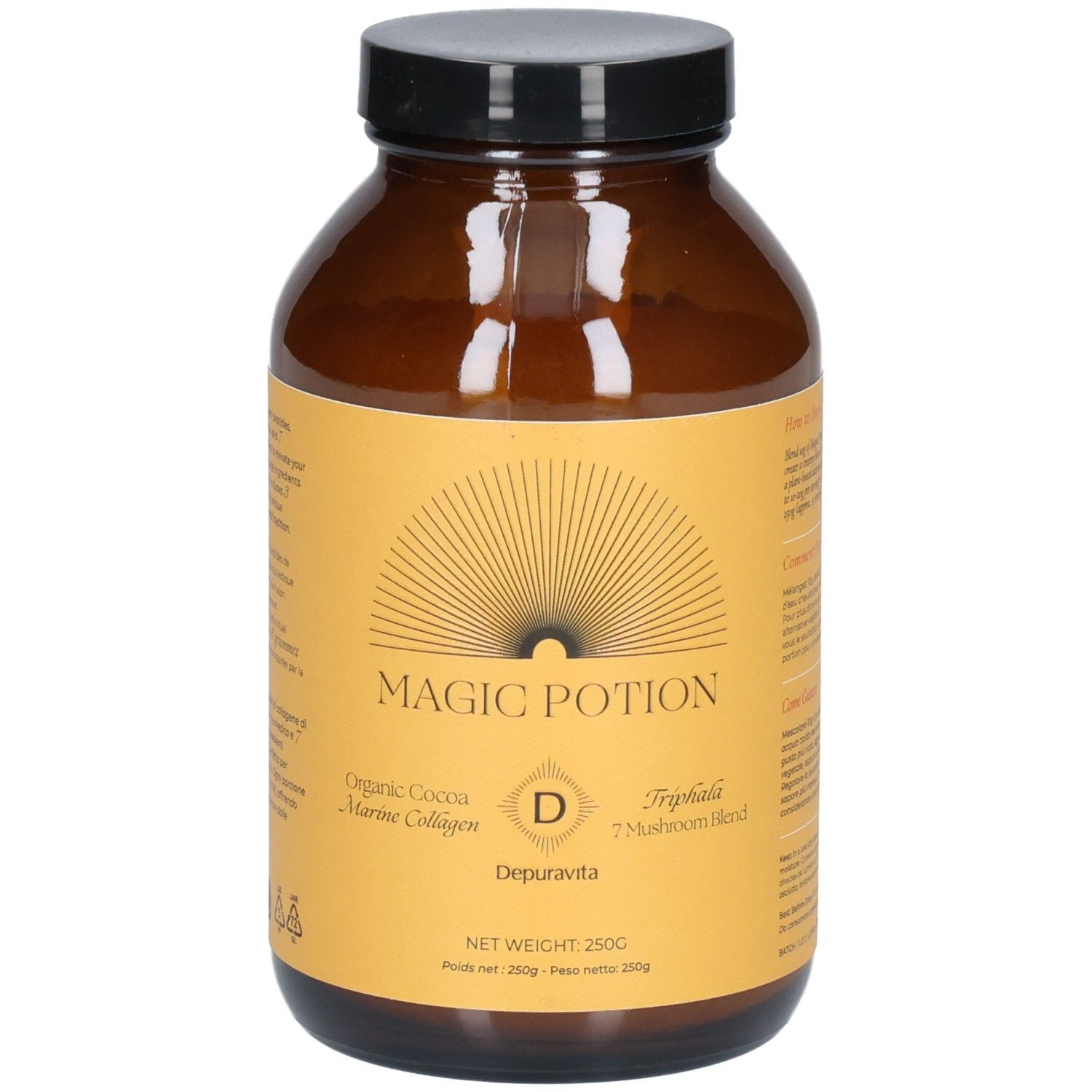 Flacon brun avec étiquette jaune. Inscription : Magic Potion, Depuravita. Contient du collagène marin et un mélange de champignons.