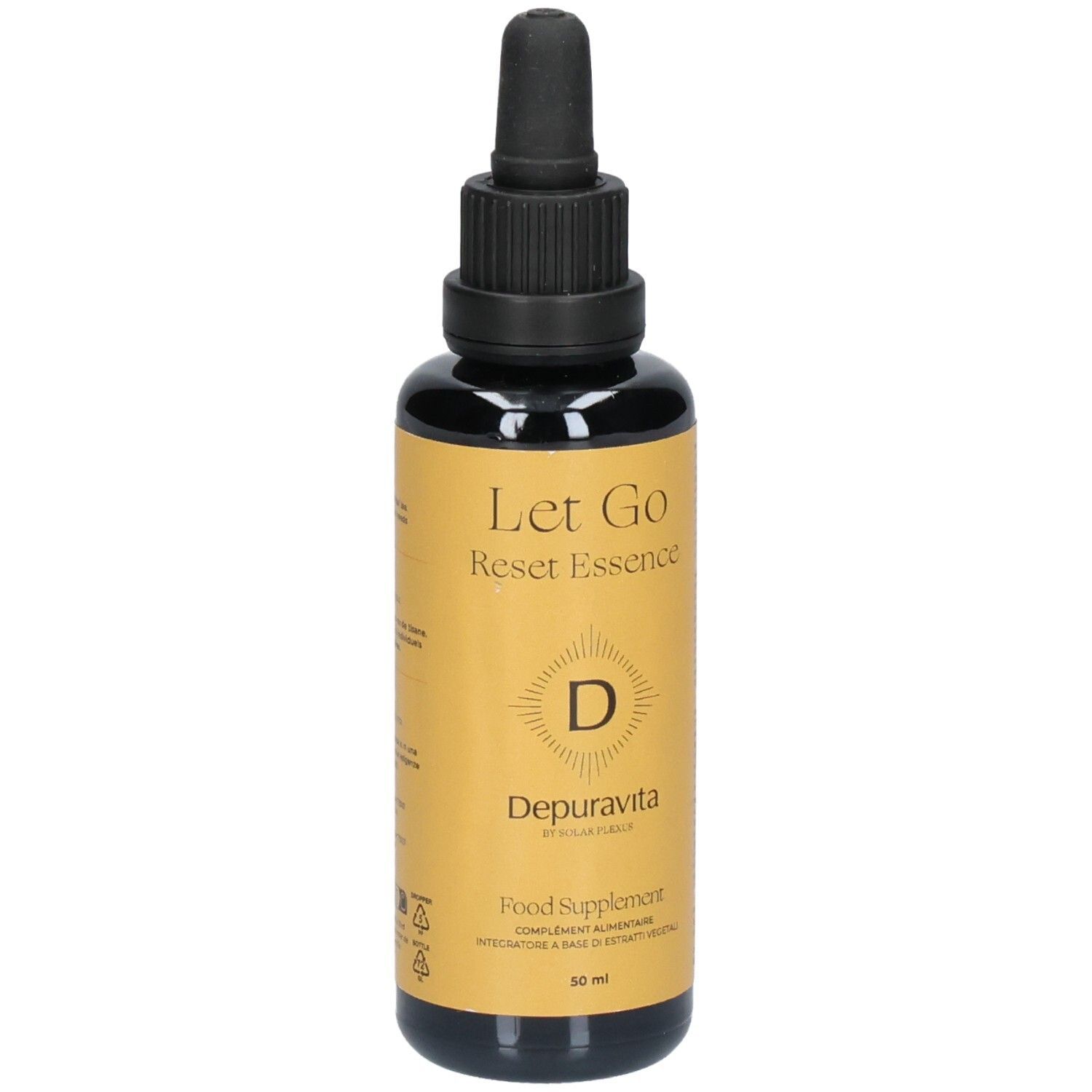 Braune Glasflasche mit schwarzem Deckel und Pipette. Goldfarbenes Etikett mit Text: Let Go, Reset Essence, Depuravita.