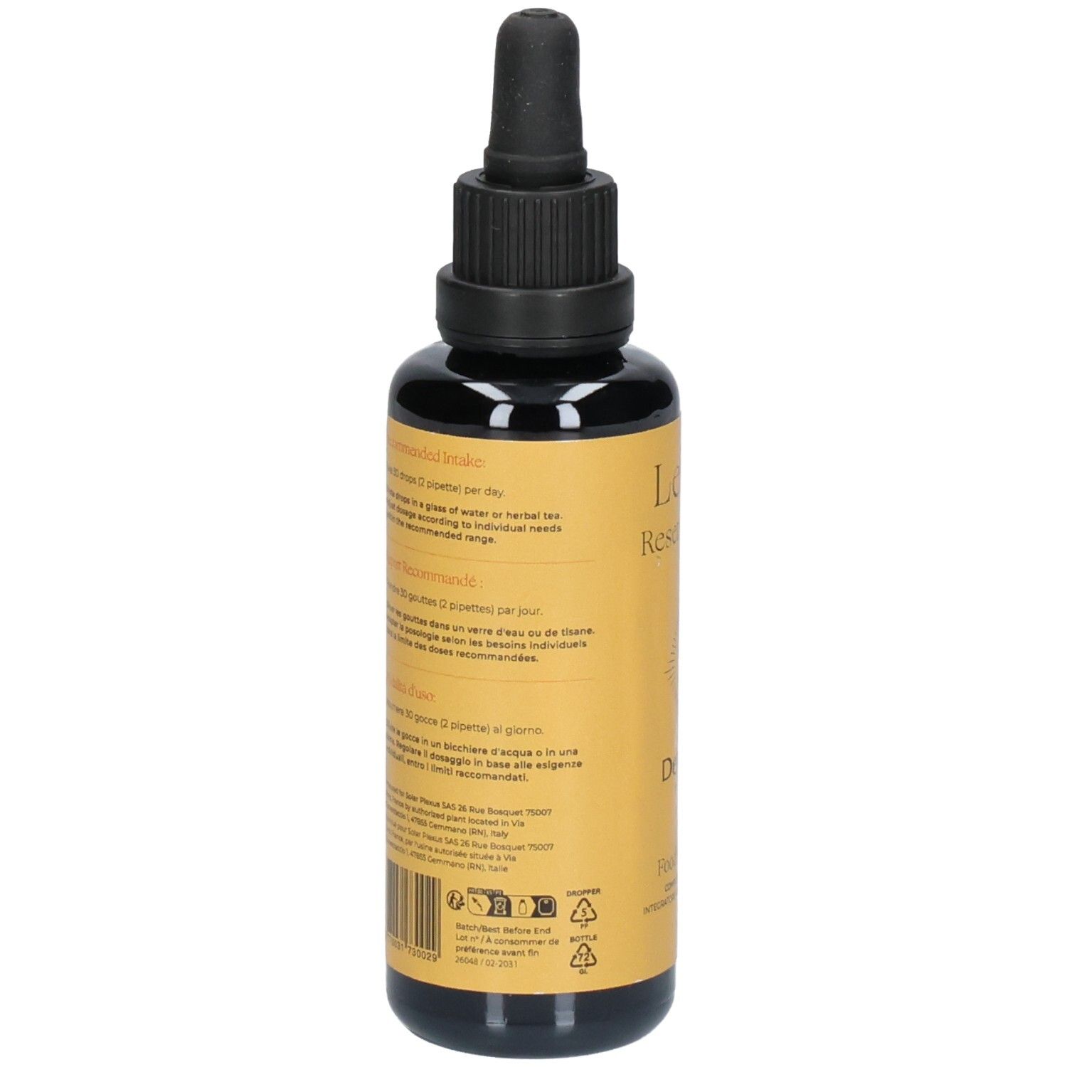 Braune Glasflasche mit schwarzem Deckel und Pipette. Rückseite mit Text und Informationen. Produkt.