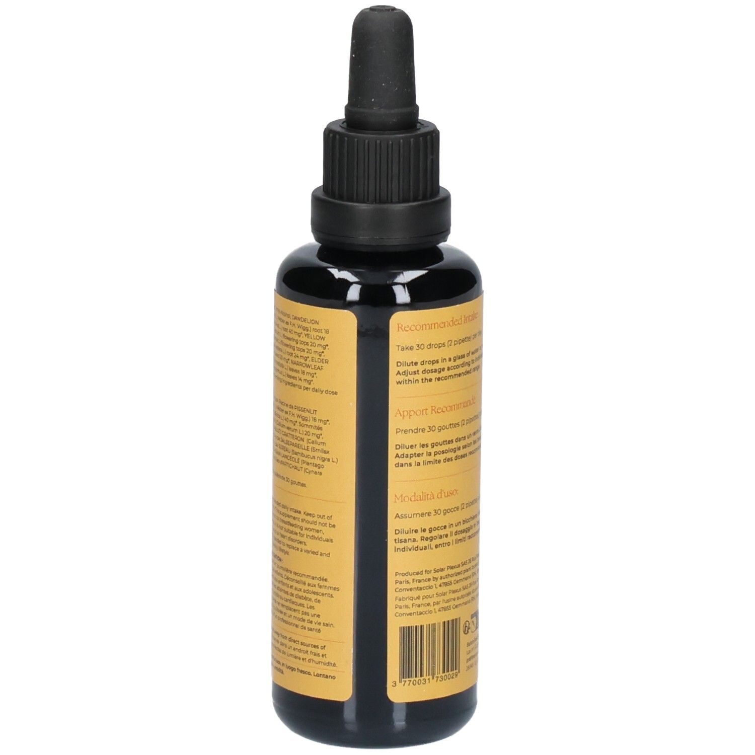 Braune Glasflasche mit schwarzem Deckel und Pipette. Rückseite mit Text und Informationen. Produkt.