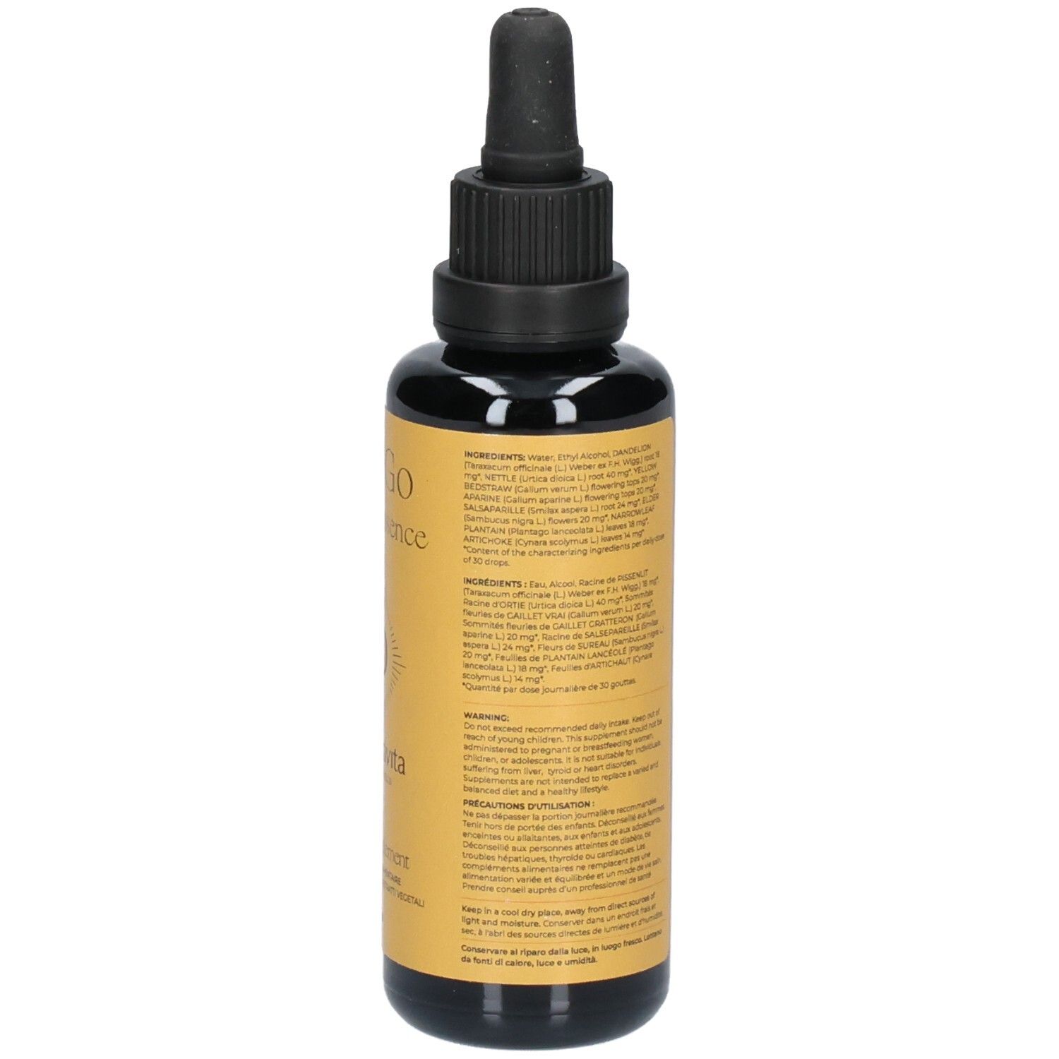 Braune Glasflasche mit schwarzem Deckel und Pipette. Rückseite mit Text und Informationen. Produkt.