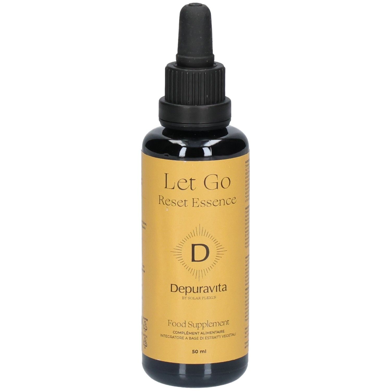 Braune Glasflasche mit schwarzem Deckel und Pipette. Goldfarbenes Etikett mit Text: Let Go, Reset Essence, Depuravita.