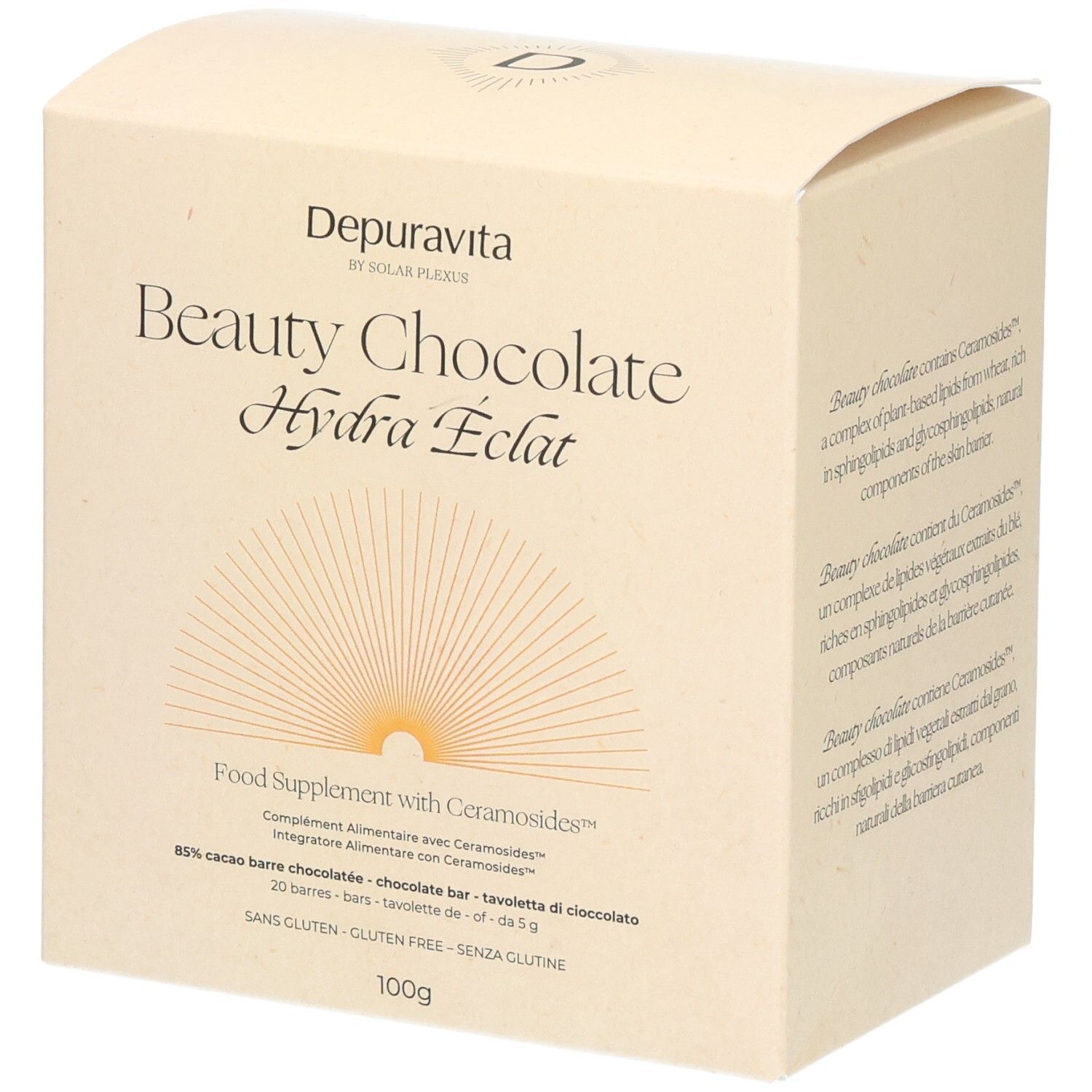 Schachtel Depuravita Beauty Chocolate, Hydra Éclat. Aufdruck: Food Supplement with Ceramosides.