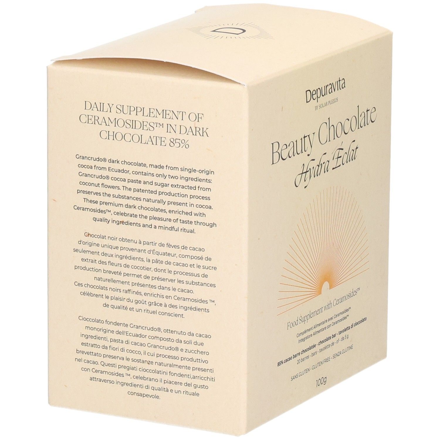 Schachtel Depuravita Beauty Chocolate, Hydra Éclat. Aufdruck: Food Supplement with Ceramosides.