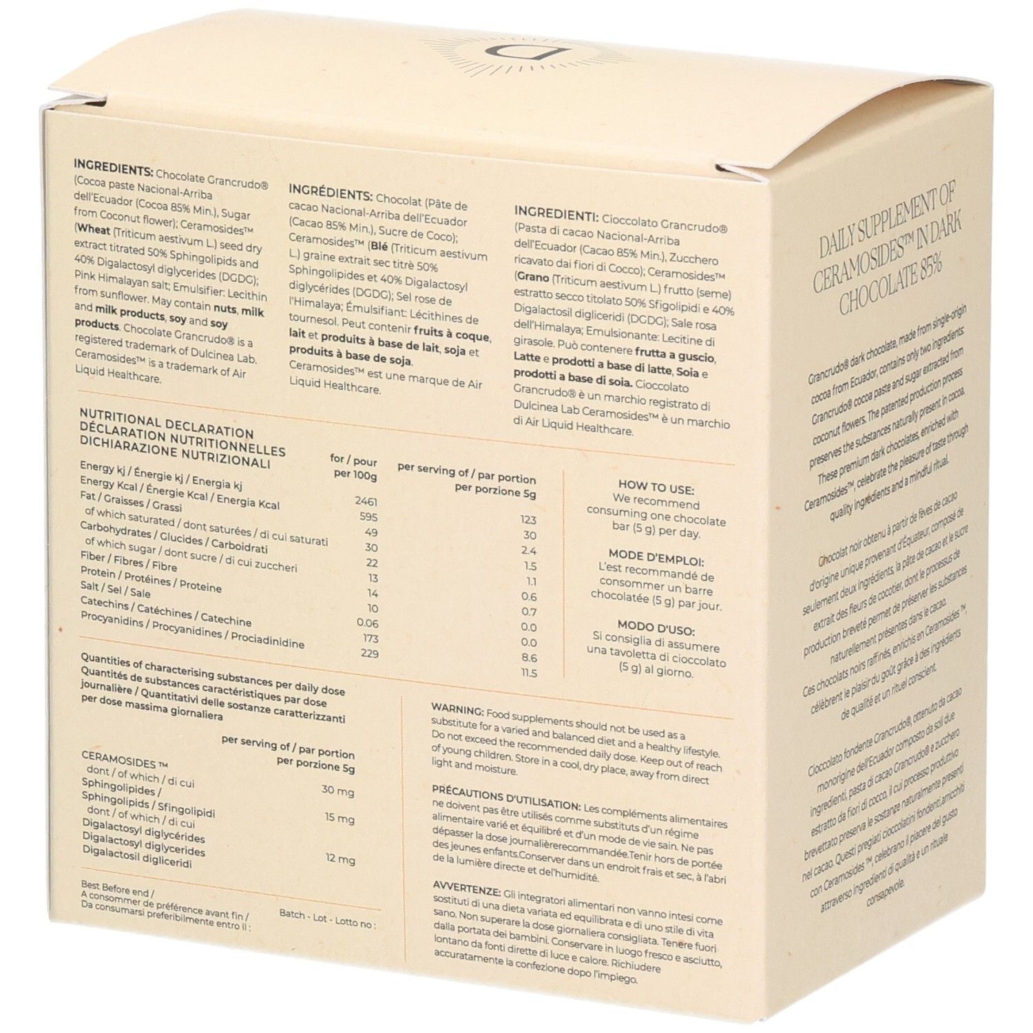 Schachtel Depuravita Beauty Chocolate, Hydra Éclat. Aufdruck: Food Supplement with Ceramosides.