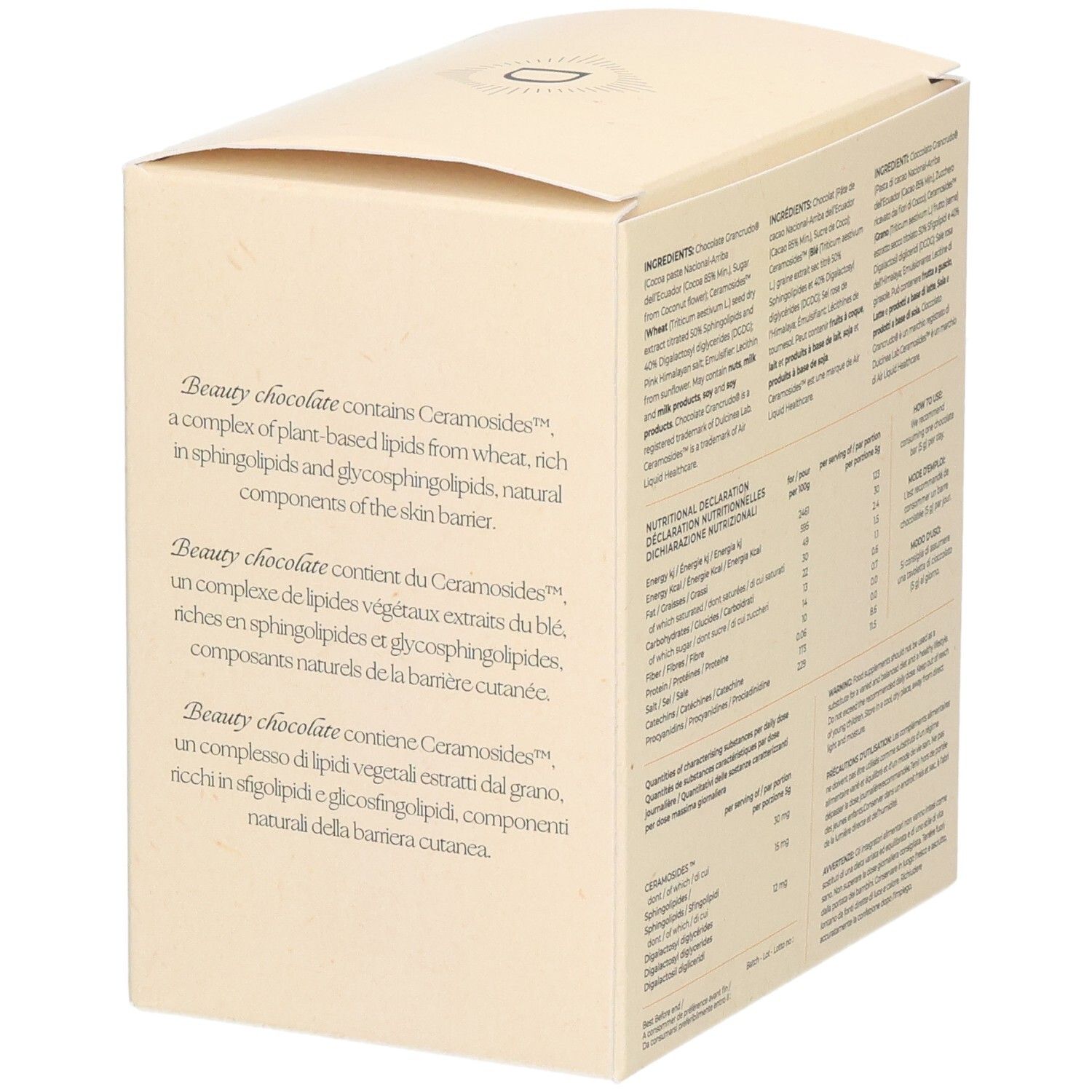 Rückseite der Schachtel Depuravita Beauty Chocolate. Enthält Informationen zu Inhaltsstoffen und Nährwerten.