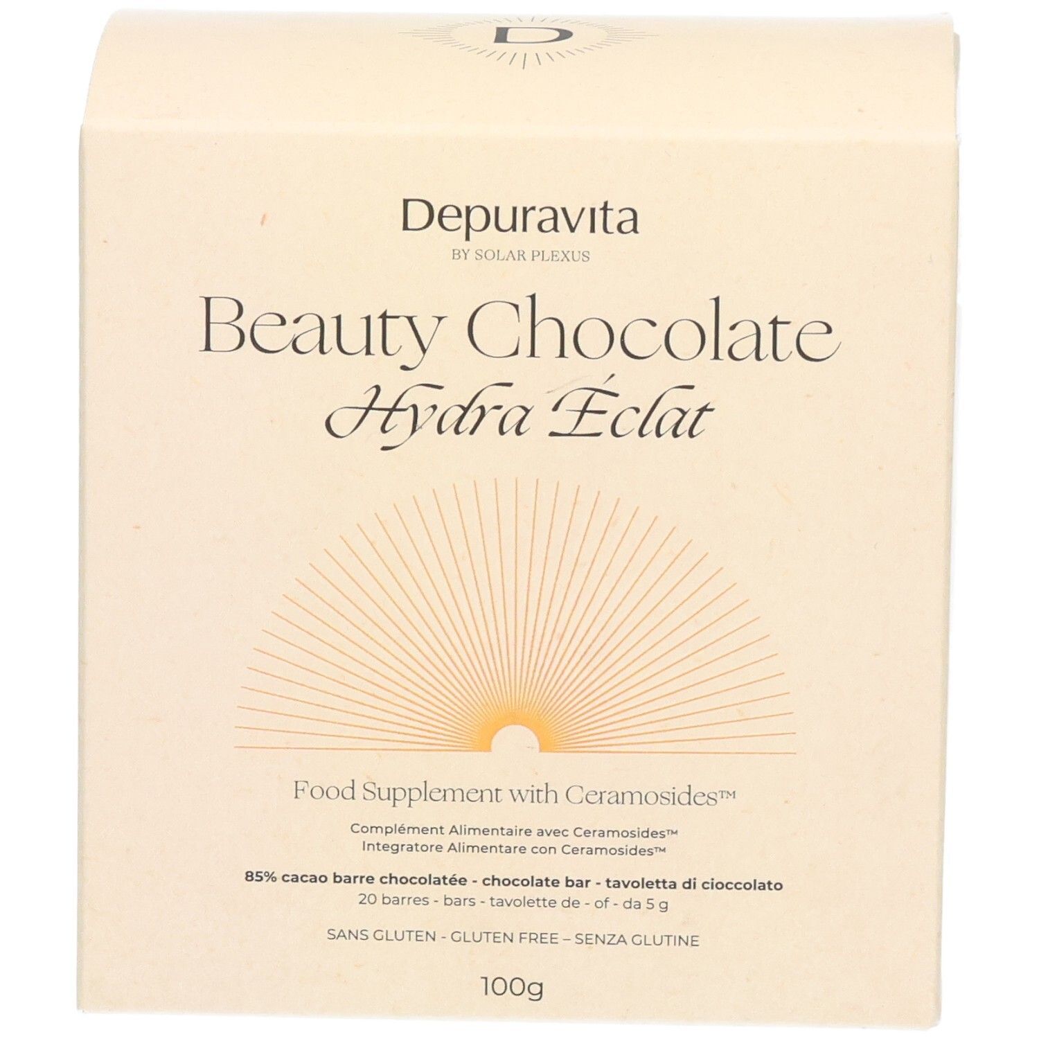 Rückseite der Schachtel Depuravita Beauty Chocolate. Enthält Informationen zu Inhaltsstoffen und Nährwerten.