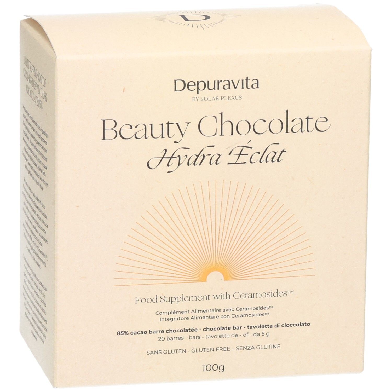 Schachtel Depuravita Beauty Chocolate, Hydra Éclat. Aufdruck: Food Supplement with Ceramosides.