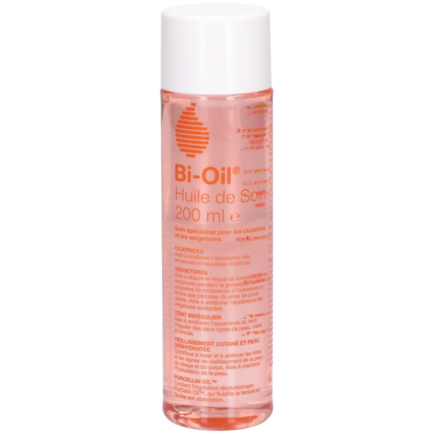 Zylindrische Flasche mit weißem Deckel. Aufschrift: Bi-Oil Huile de Soin 200 ml. Rosa Flüssigkeit sichtbar.
