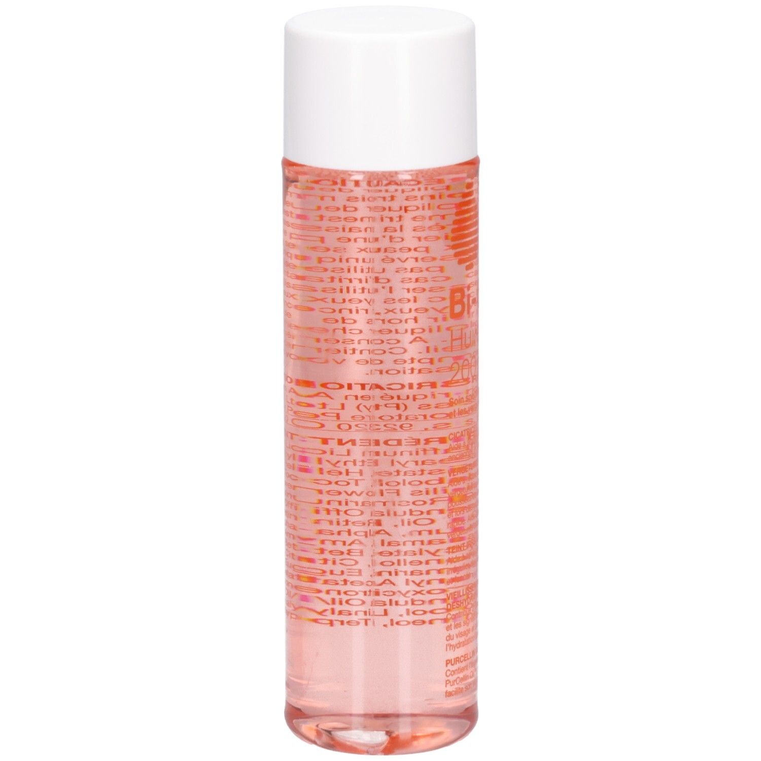 Zylindrische Flasche mit weißem Deckel. Rosa Flüssigkeit. Text in roter Schrift auf der Flasche.