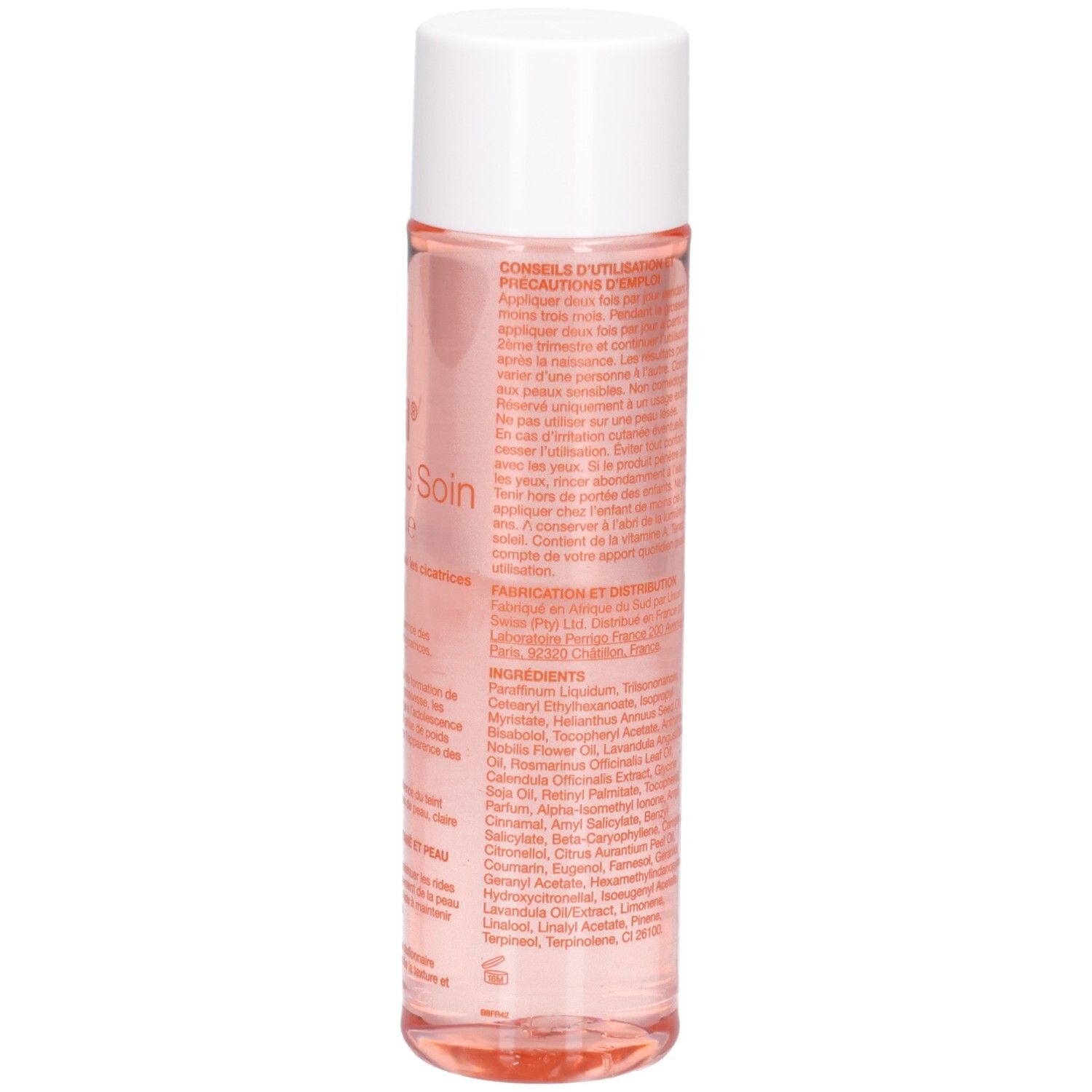 Zylindrische Flasche mit weißem Deckel. Rosa Flüssigkeit. Text in roter Schrift auf der Flasche.