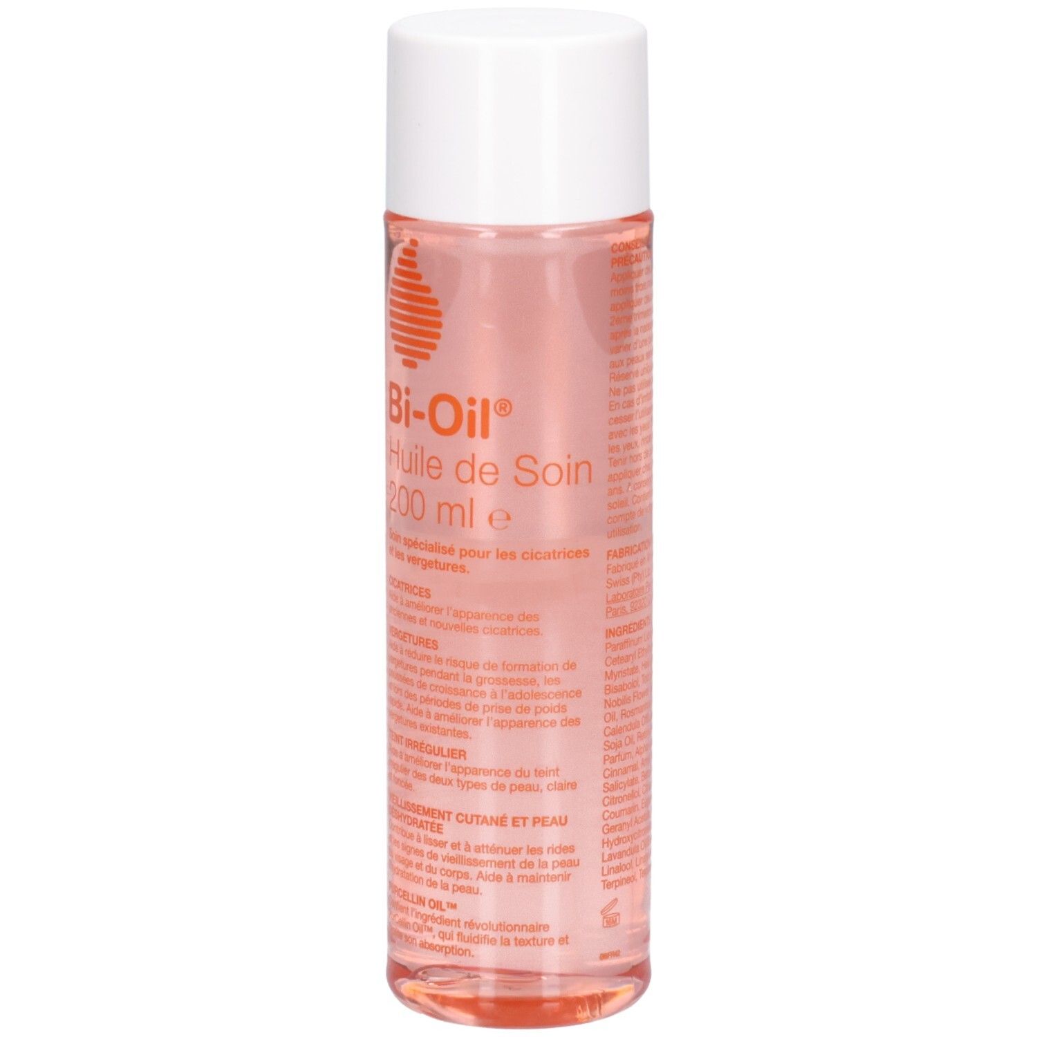 Zylindrische Flasche mit weißem Deckel. Aufschrift: Bi-Oil Huile de Soin 200 ml. Rosa Flüssigkeit sichtbar.