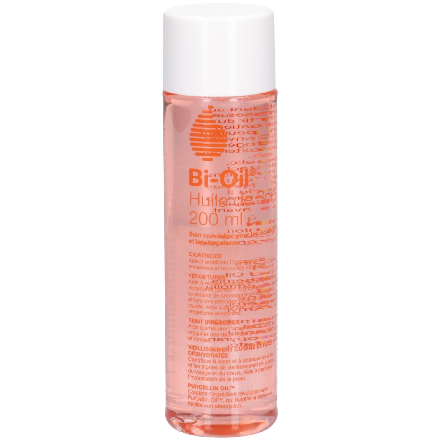 Zylindrische Flasche mit weißem Deckel. Aufschrift: Bi-Oil Huile de Soin 200 ml. Rosa Flüssigkeit sichtbar.