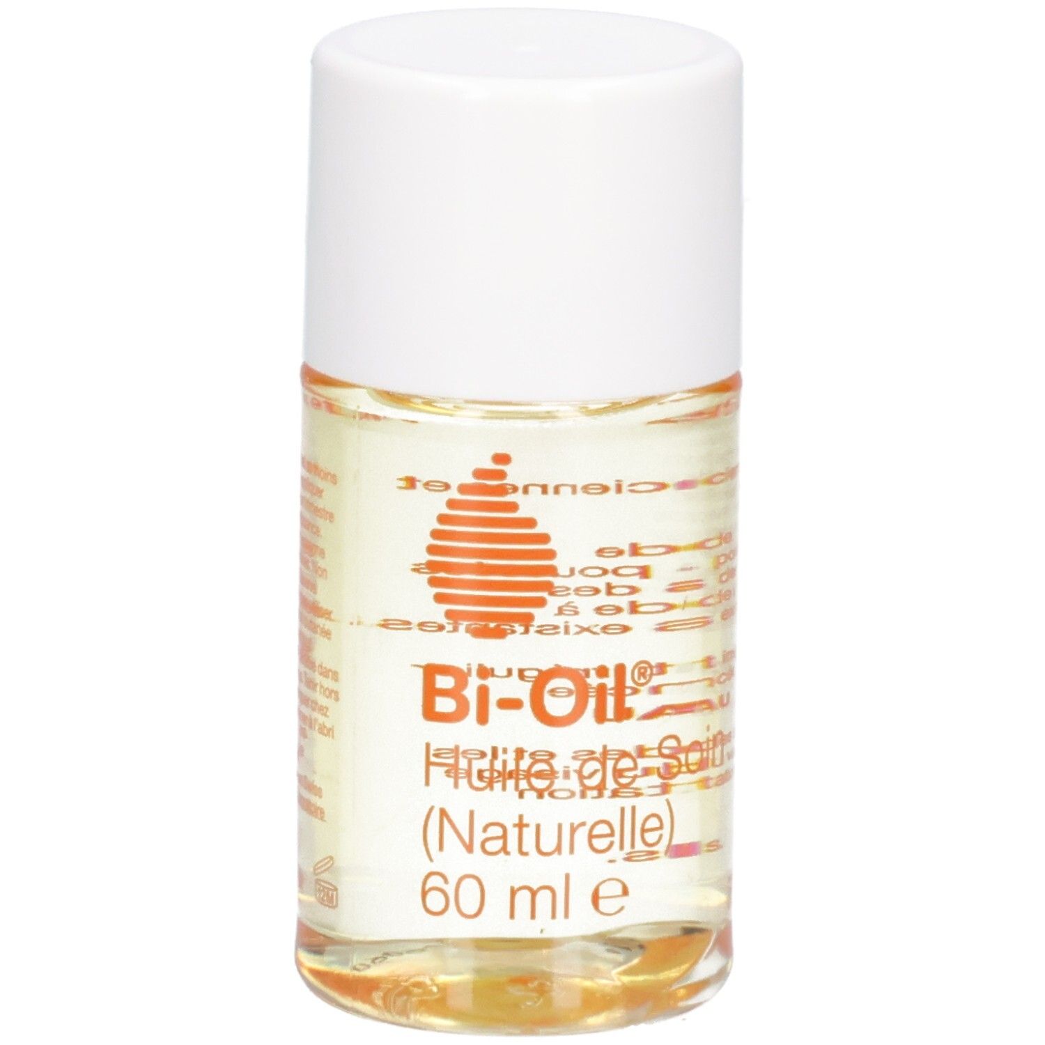 Flacon cylindrique à bouchon blanc. Inscription: Bi-Oil, Huile de Soin (Naturelle), 60 ml e. Logo orange.