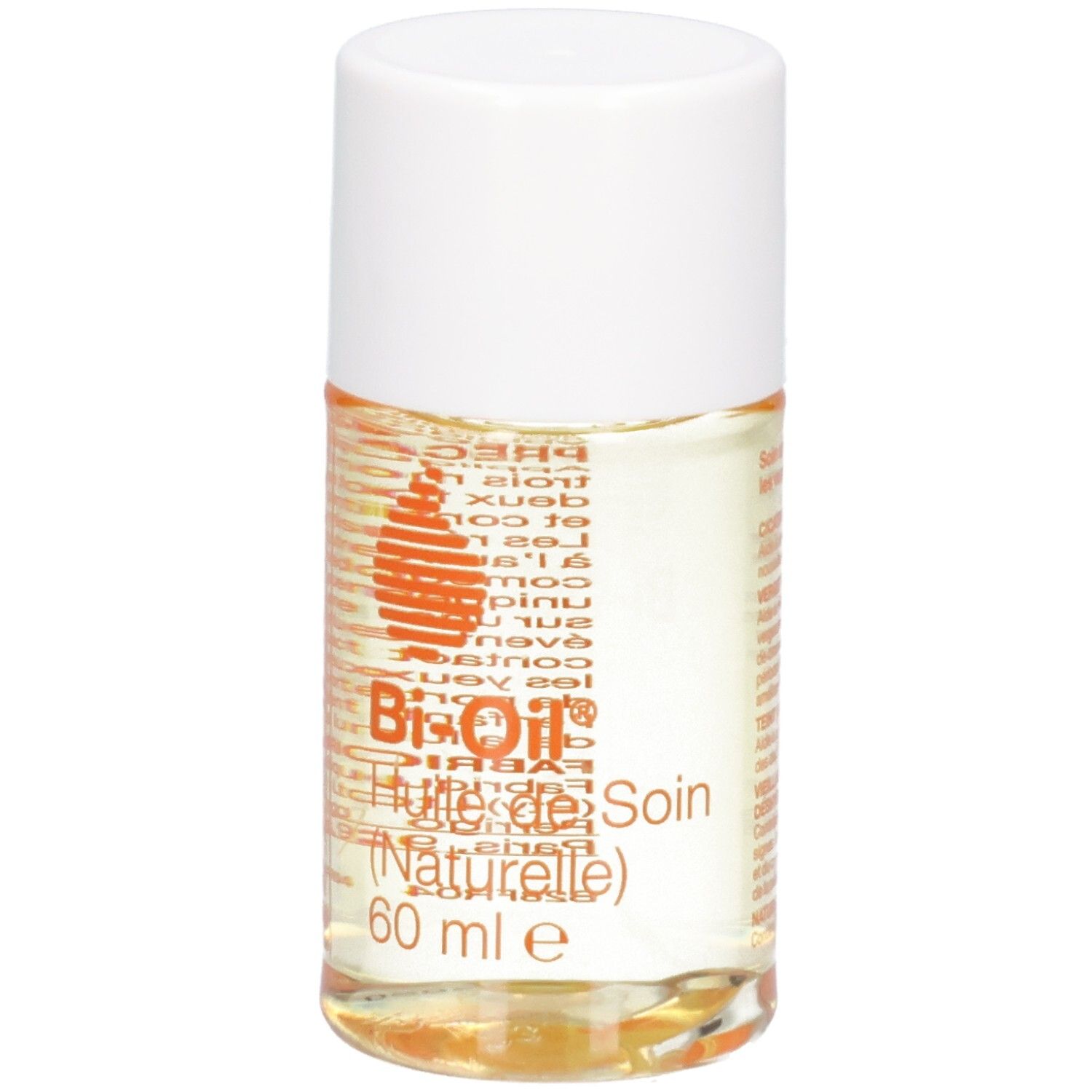 Flacon cylindrique à bouchon blanc. Inscription: Bi-Oil, Huile de Soin (Naturelle), 60 ml e. Logo orange.