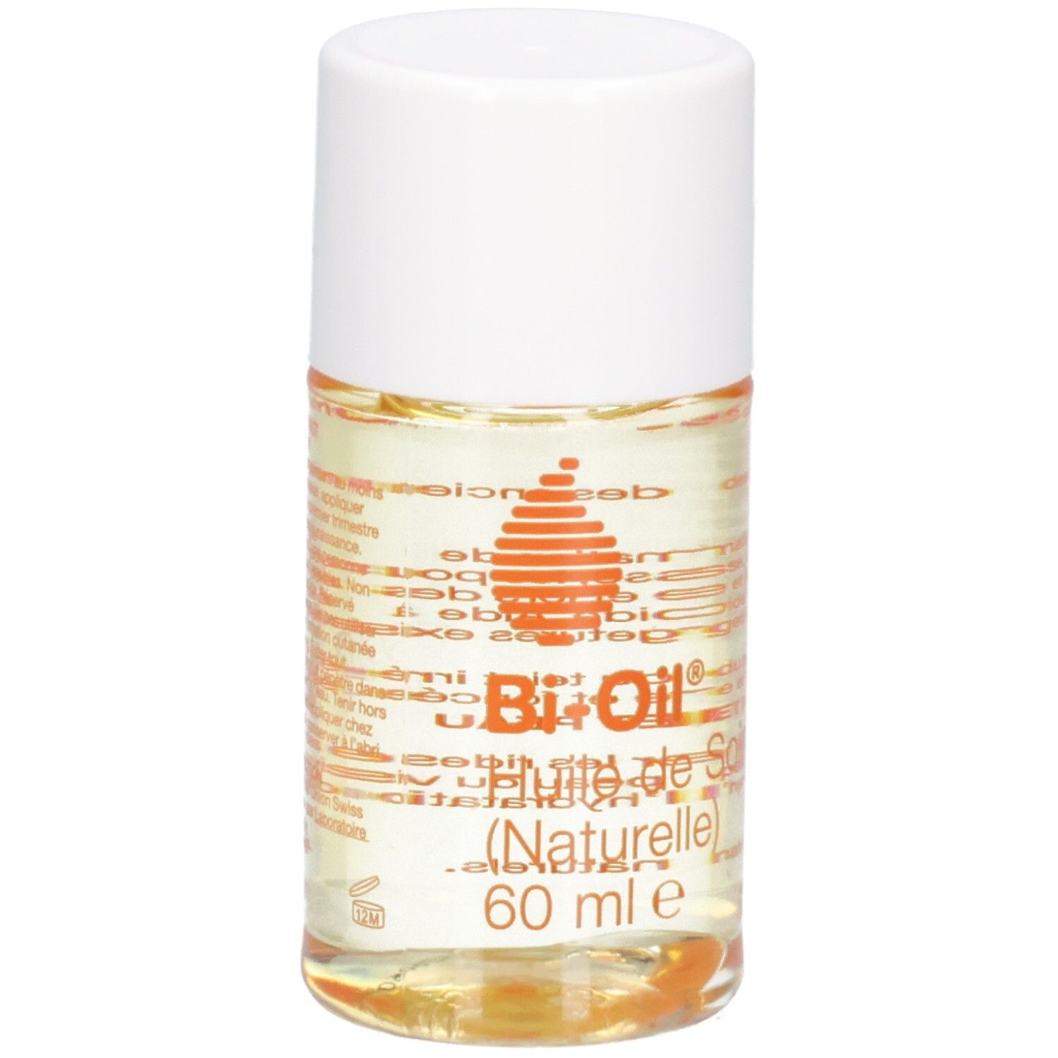 Flacon cylindrique à bouchon blanc. Inscription: Bi-Oil, Huile de Soin (Naturelle), 60 ml e. Logo orange.