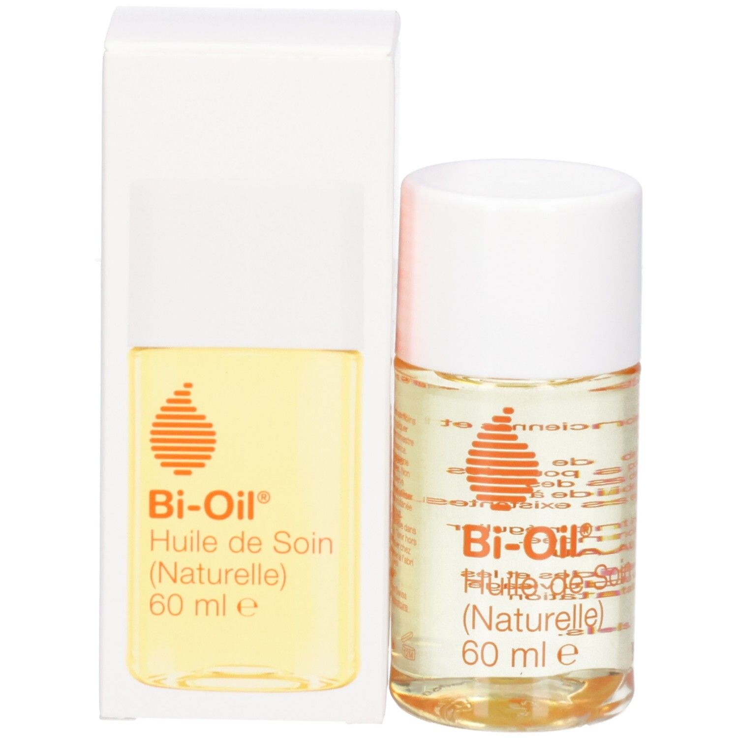 Produit et emballage. Flacon et carton. Inscription: Bi-Oil, Huile de Soin (Naturelle), 60 ml e. Logo orange.