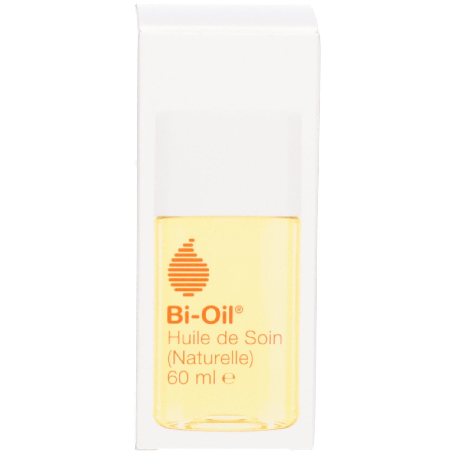Produit et emballage. Flacon et carton. Inscription: Bi-Oil, Huile de Soin (Naturelle), 60 ml e. Logo orange.