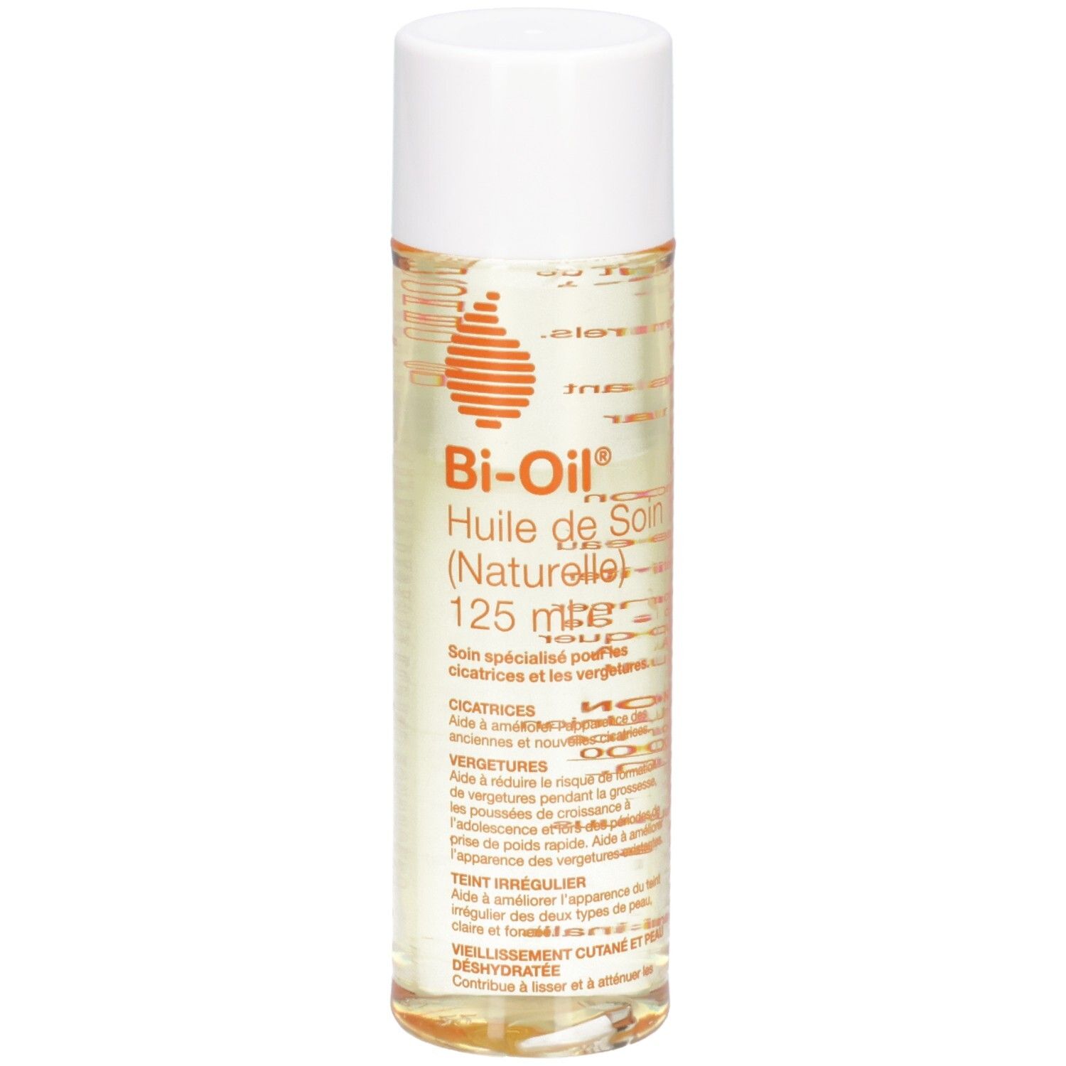 Zylindrische Flasche mit weißem Deckel. Aufschrift: Bi-Oil, Huile de Soin (Naturelle), 125 ml. Klare Flüssigkeit sichtbar.